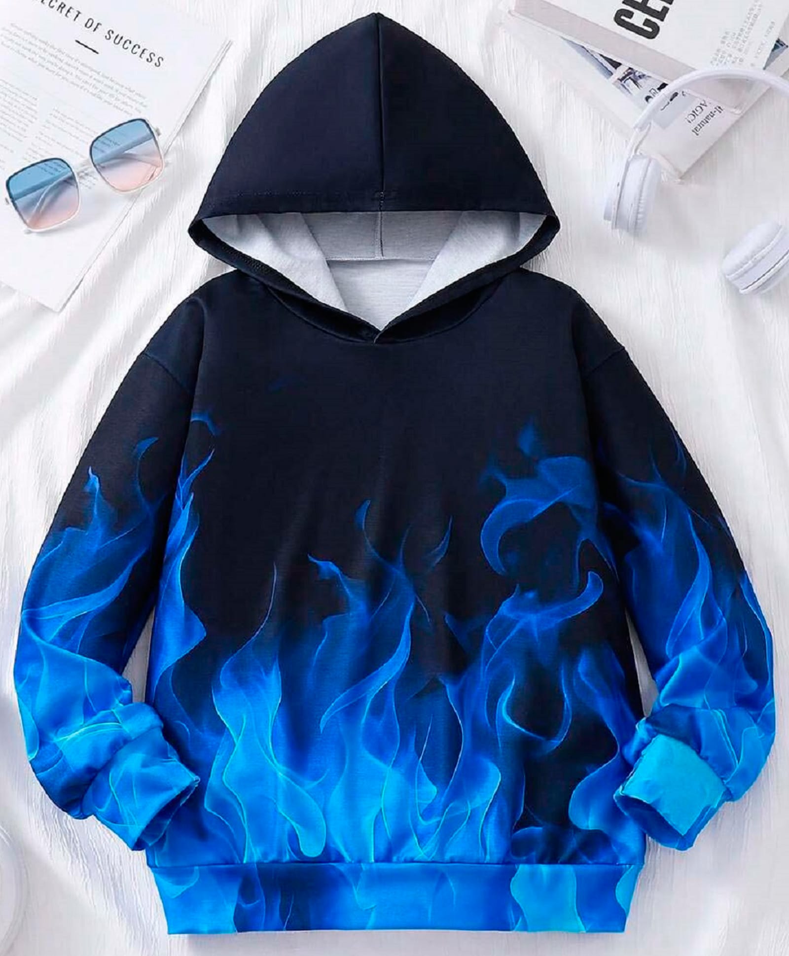 Bolly Lounge Cotton Knit Full Sleeves Flames Printed Light Winter Hooded Sweatshirt - Black & Blue-image-21