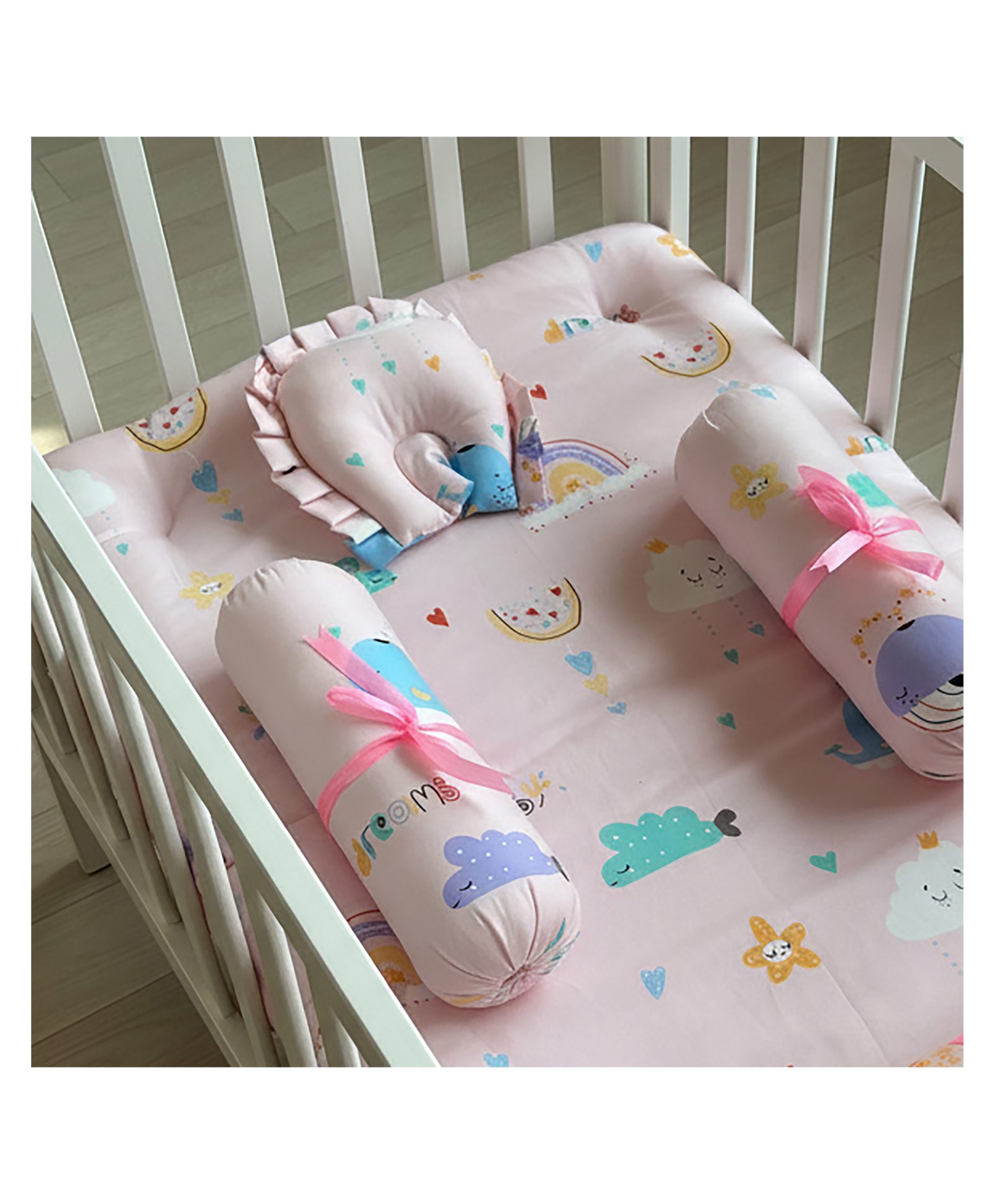 oranges and lemons Oranges & Lemons - Baby Bedding Mattress / Gadda Set with bolsters and neck pillow | Set of 4 | Pink-picture-27
