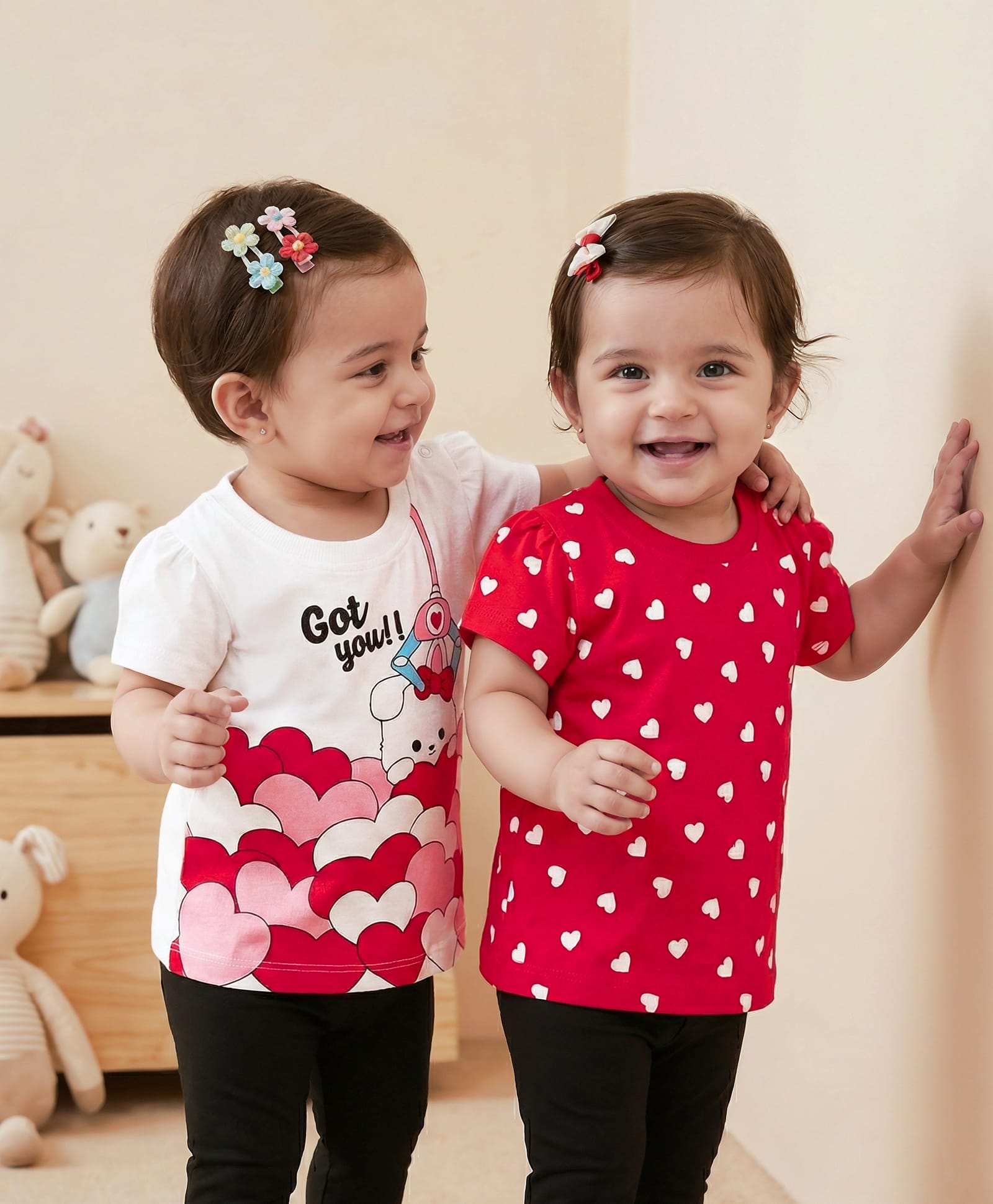 Doodle Poodle 100% Cotton Single Jersey Knit Half Sleeves T-Shirt With Heart Print Pack Of 2 - Red & White-image-48