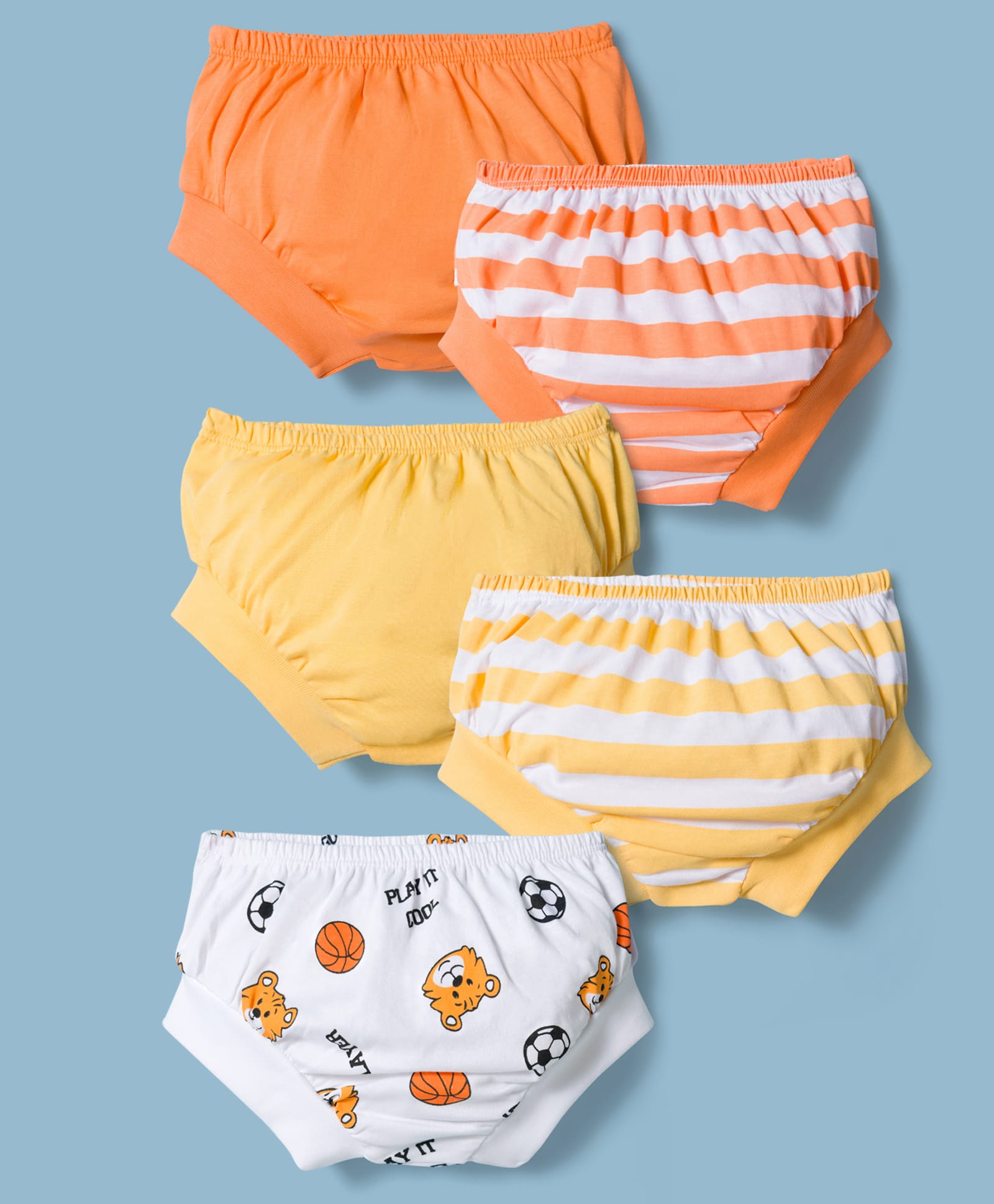 Doodle Poodle 100% Cotton Knit Solid Striped & Bear Printed Briefs Pack of 5 - White Yellow & Orange