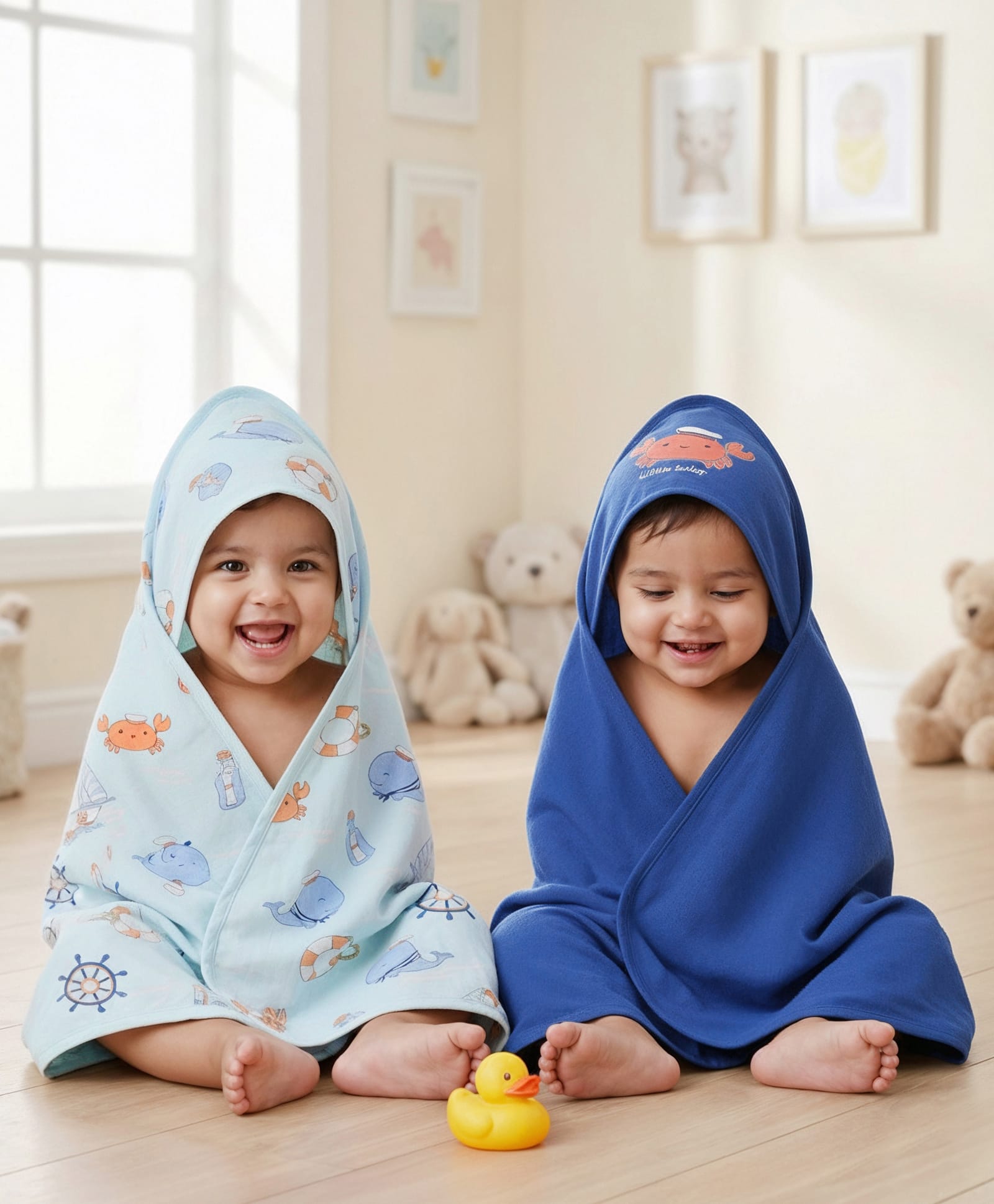 Babyoye 100% Cotton Knit Hooded Towels with Sea Life Print Pack of 2 - Blue-image-6
