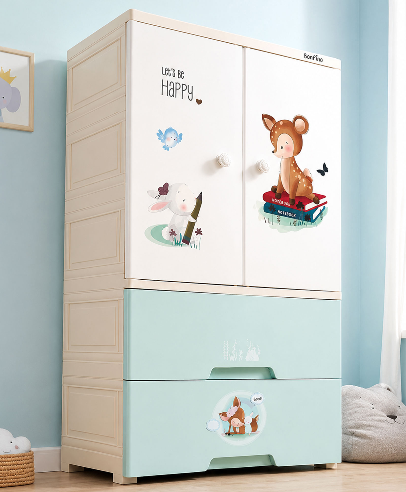 Bonfino 3 Layer Plastic Kids Wardrobe & Storage Cabinet with Wheels Happy Forest Multipurpose Organizer for Toys, Books & Clothes Anti-Slip Base Easy Assembly Sturdy High Density Plastic- White-image-5