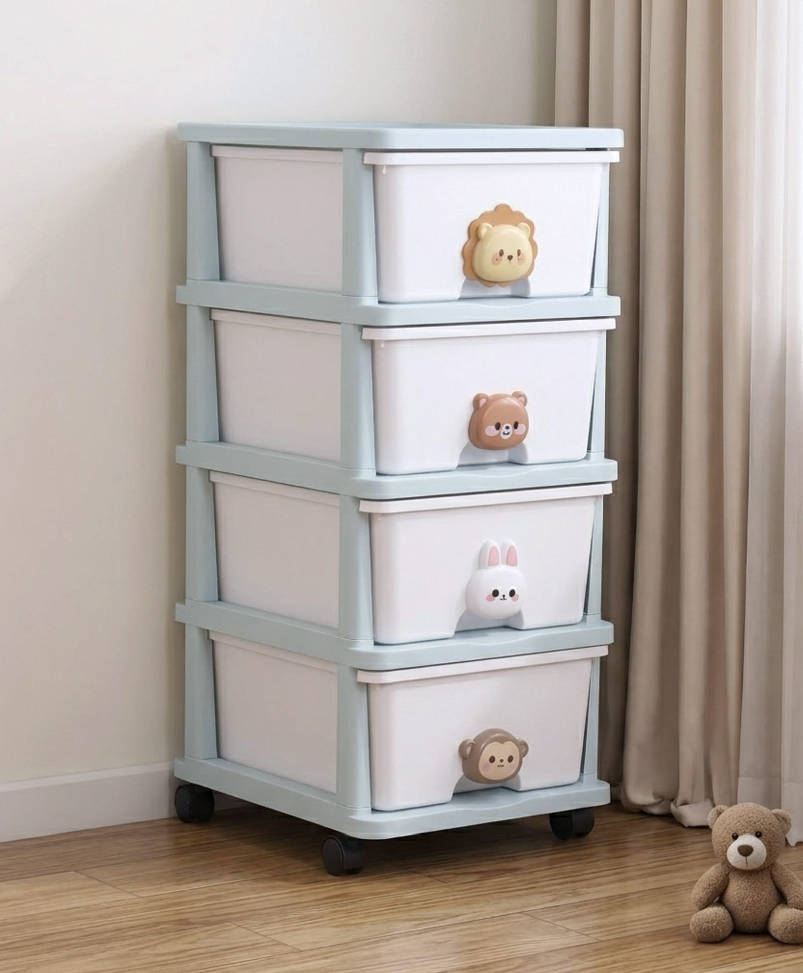 Babyhug 4-Layer Movable Kids Storage Cabinet Safari Theme Lockable Wheels High-Density Plastic Multi-utility Toy, Clothes & Book Organizer Easy Clean & Child-Safe Design Tool-free Assembly Blue-image-48