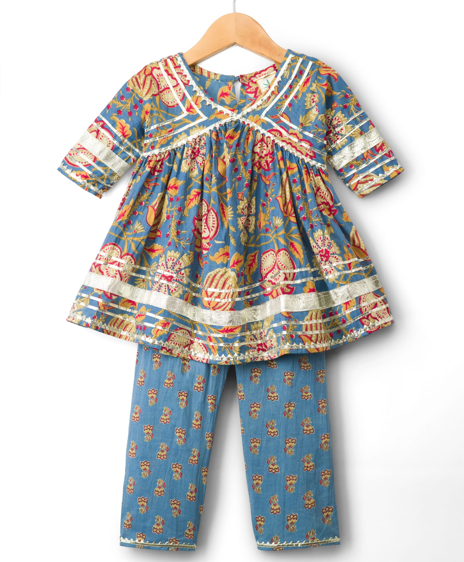 Teentaare Cotton Woven Three Forth Sleeves Kurti Salwar Set Floral Print - Sky Blue-image-28