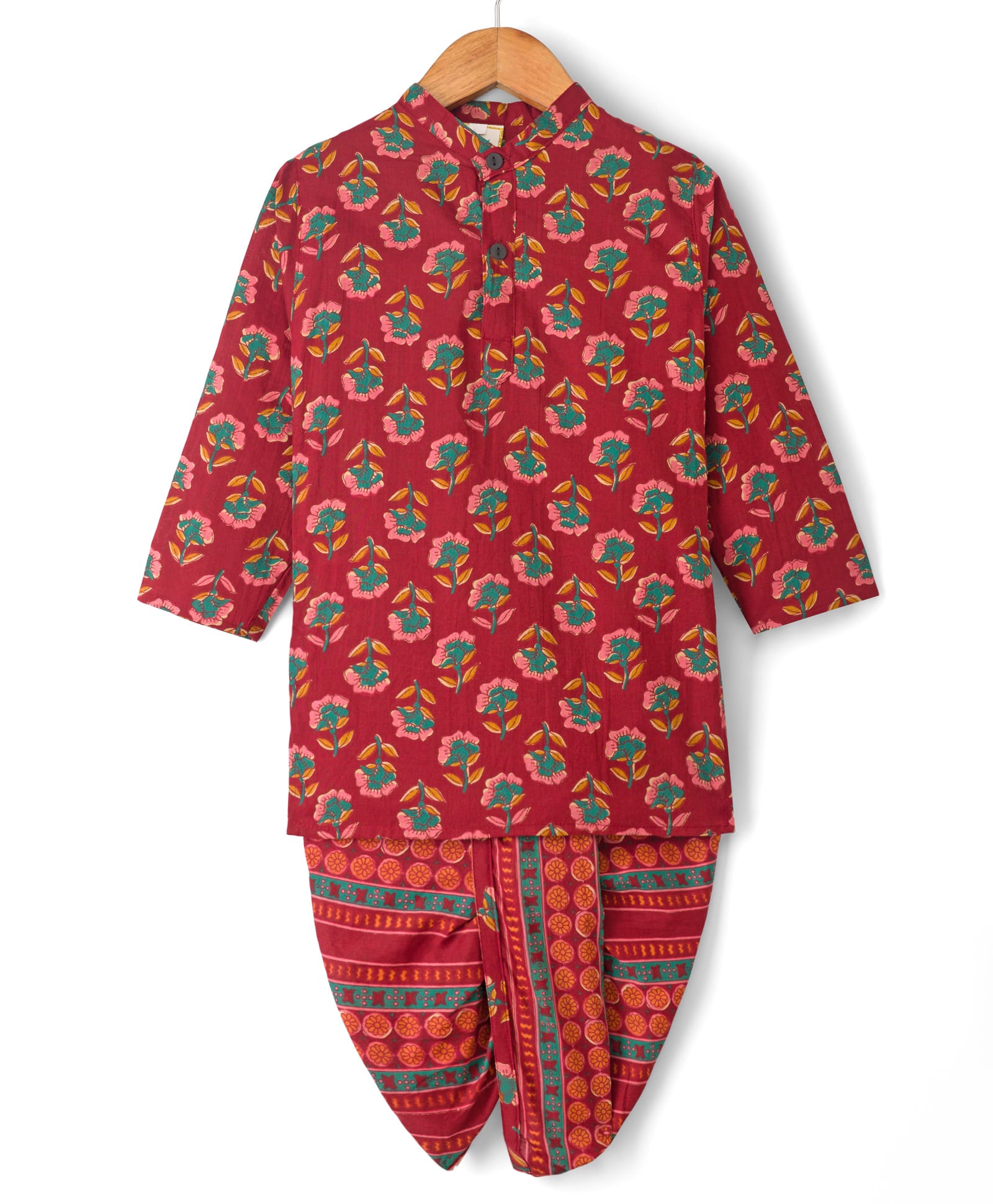 Teentaare Cotton Woven Full Sleeves Kurta Dhoti Set With Floral Print - Maroon-picture-28