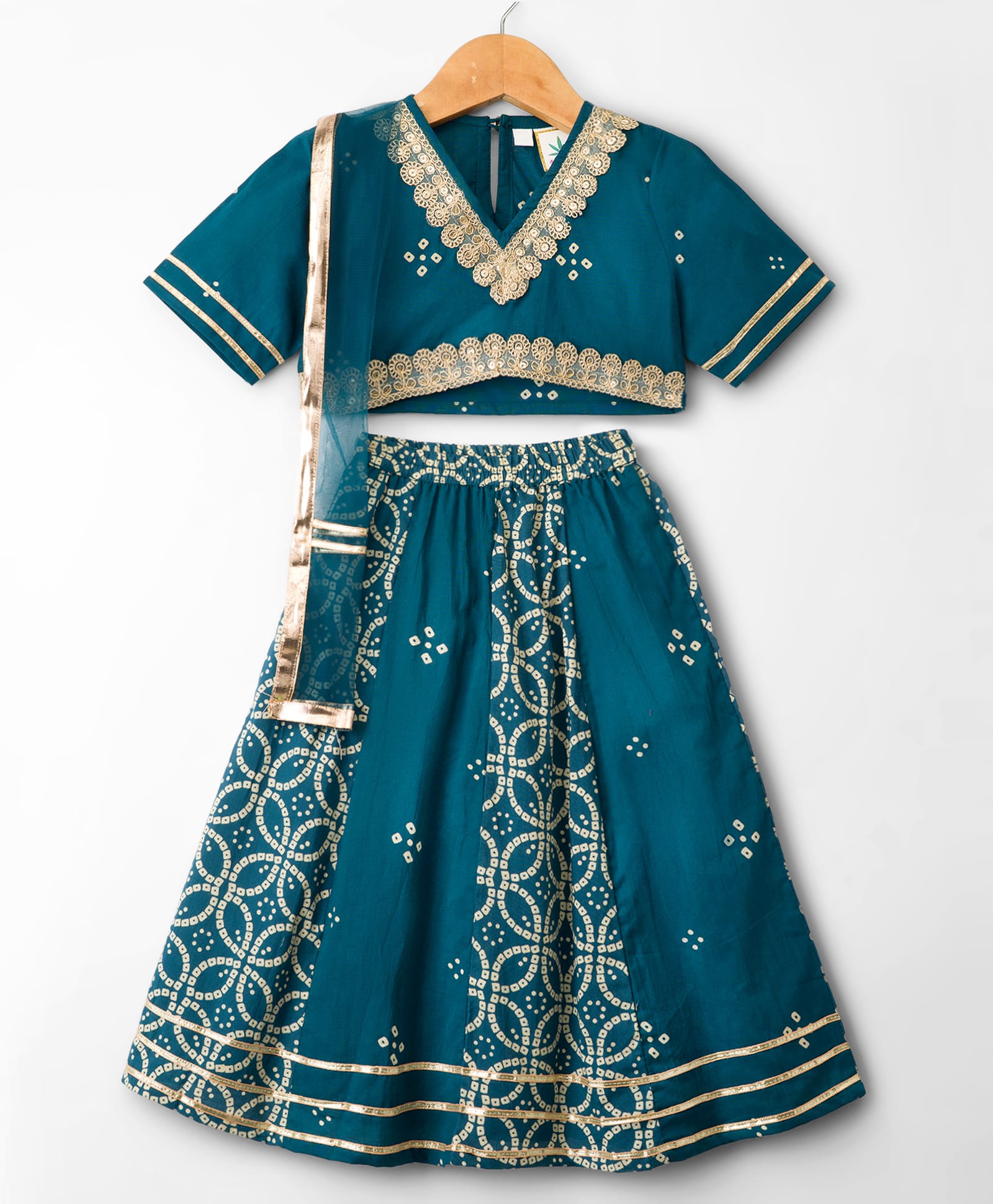 TEENTAARE Cotton Woven Half Sleeves Choli Lehenga Set With Dupatta & Bandhani Print - Teal Blue-picture-12