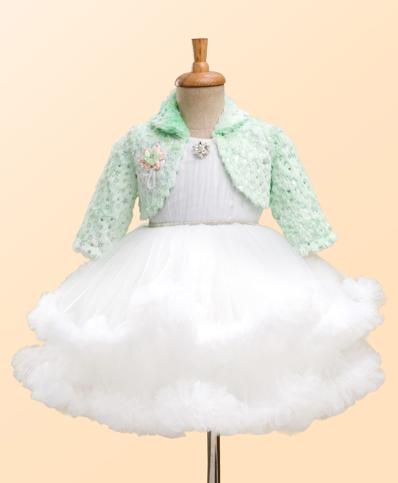 Enfance Full Sleeves Stone Embellished Metal Floral Appique Detailed Dress With Fur Detailed Jacket - Off White-image-25