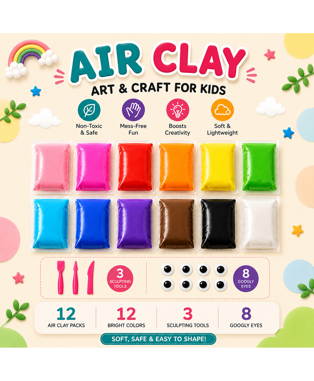 Babyhug Air Clay Art & Craft Set for Kids - Pack of 12 with 3 Sculpting Tools & 6 Eye Packs Enhances Creativity & Imagination Play Clay For 3 to 10 Years Kids Birthday Return Gift.-image-16