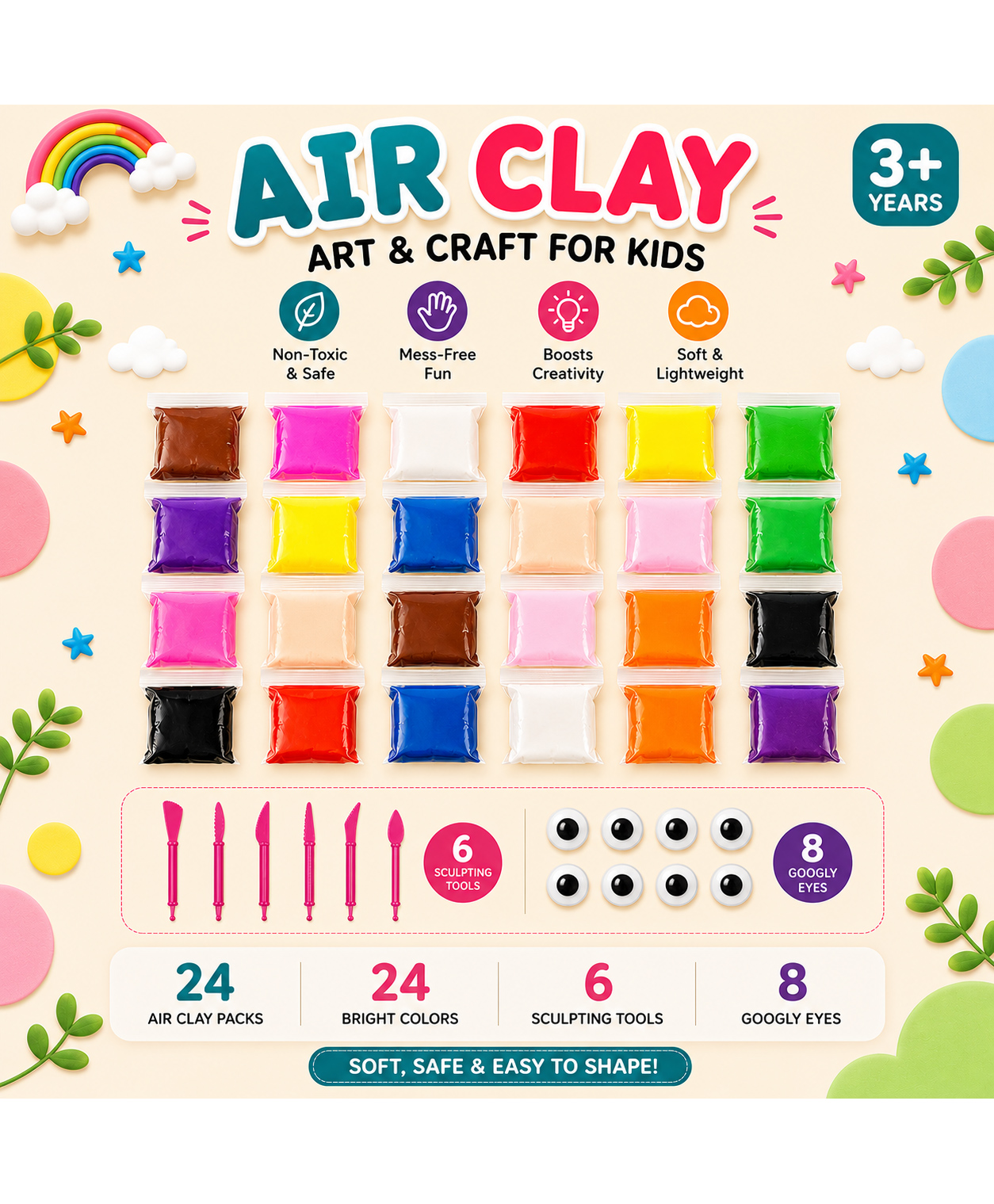 Play Nation Air Clay Art & Craft Set for Kids - Pack of 24 with 3 Sculpting Tools & 6 Eye Packs Enhances Creativity & Imagination Play Clay For 3 To 10 Years Kids Birthday Return Gift.-image-17