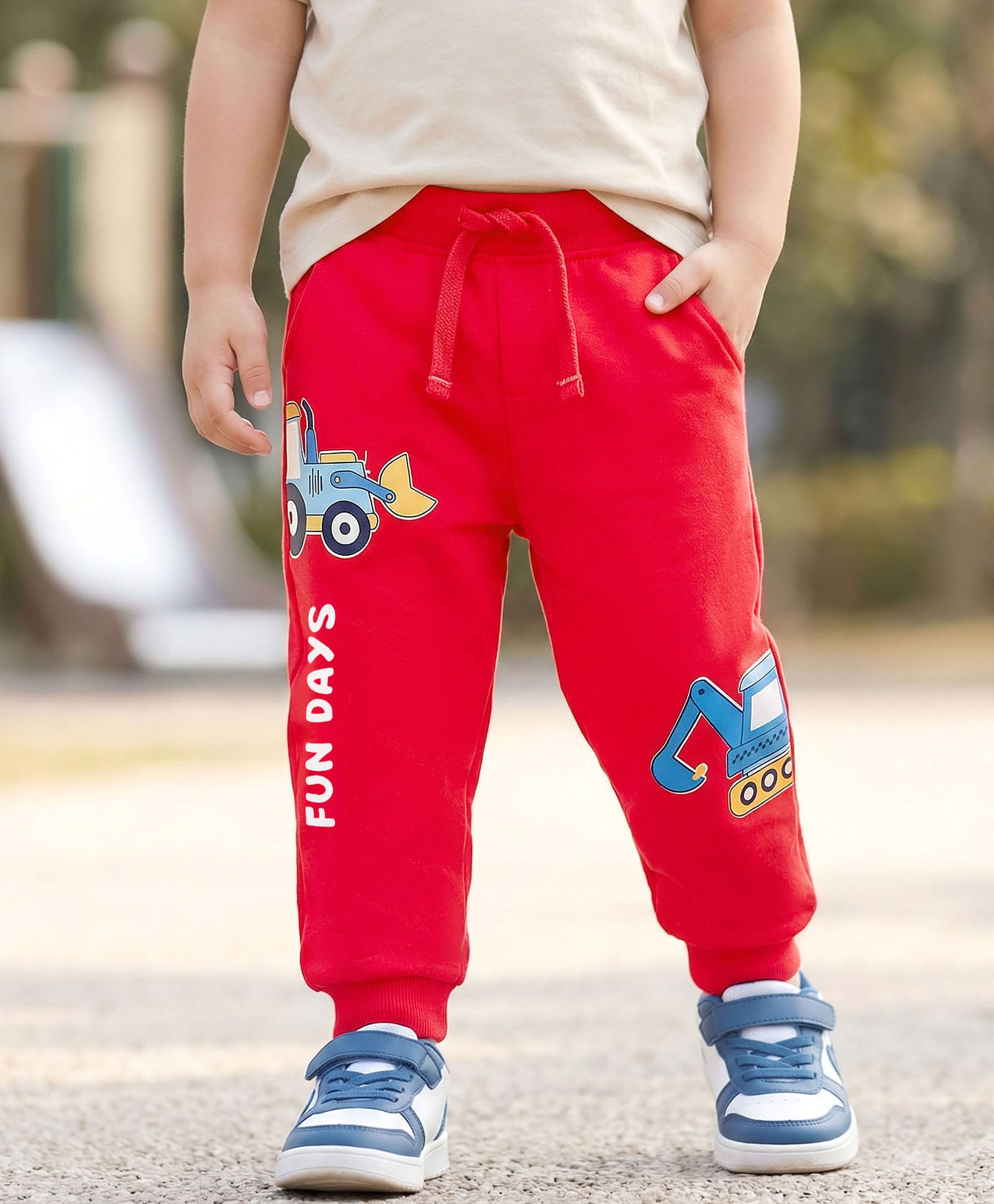 Babyhug Cotton Terry Knit Full Length Lounge Pant With Vehicle Print - Red-picture-15