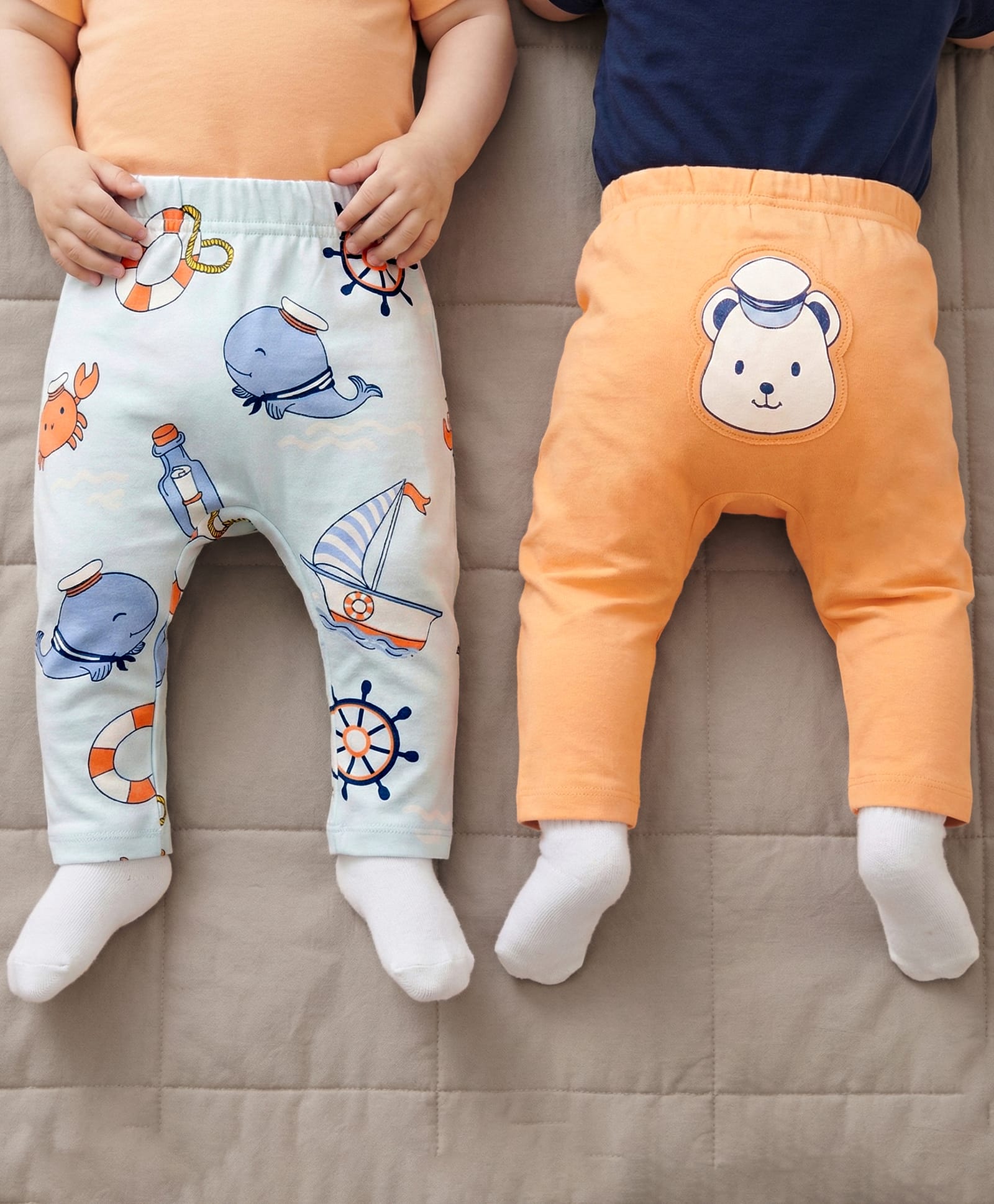 Babyoye 100% Cotton Knit Full Length Nautical Theme Printed Diaper Leggings With Patch Pack Of 2 - Orange & Light Blue-image-15