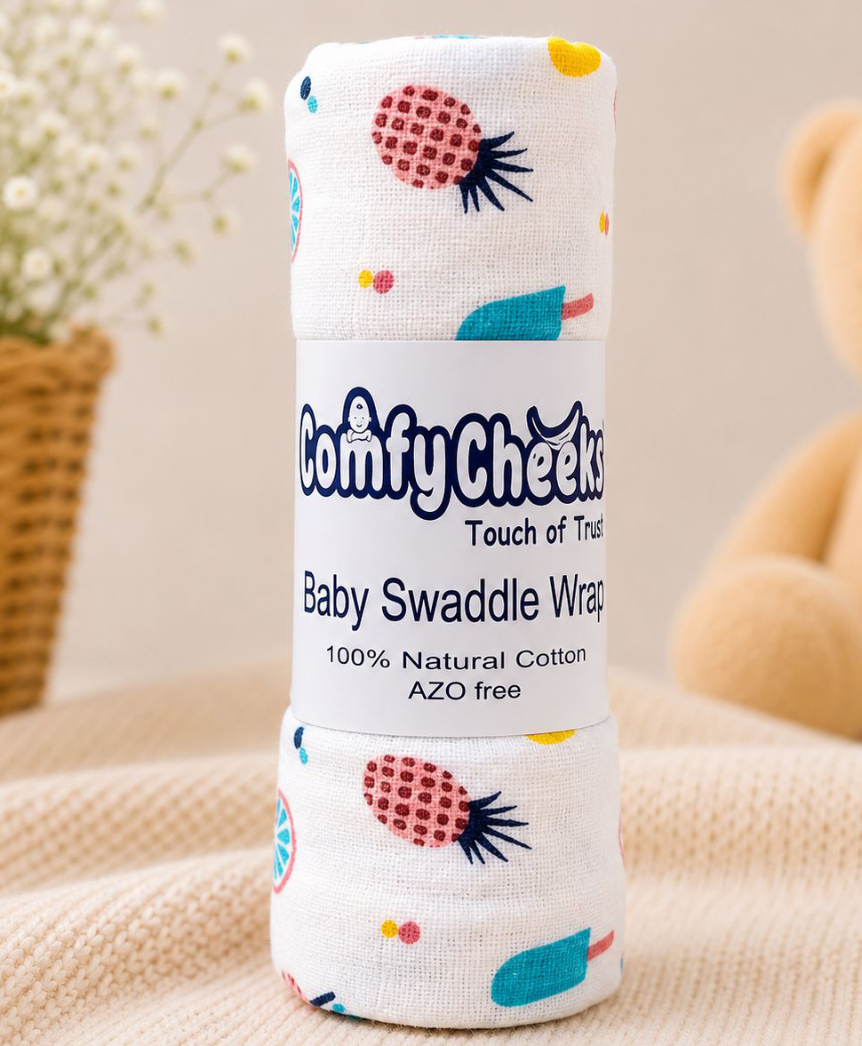 Comfy Cheeks 100% Cotton Muslin Multipurpose Baby Mulmul Swaddle Wrap for| Soft Breathable Printed Baby Blanket & Towel Pack of 1 - White-picture-23