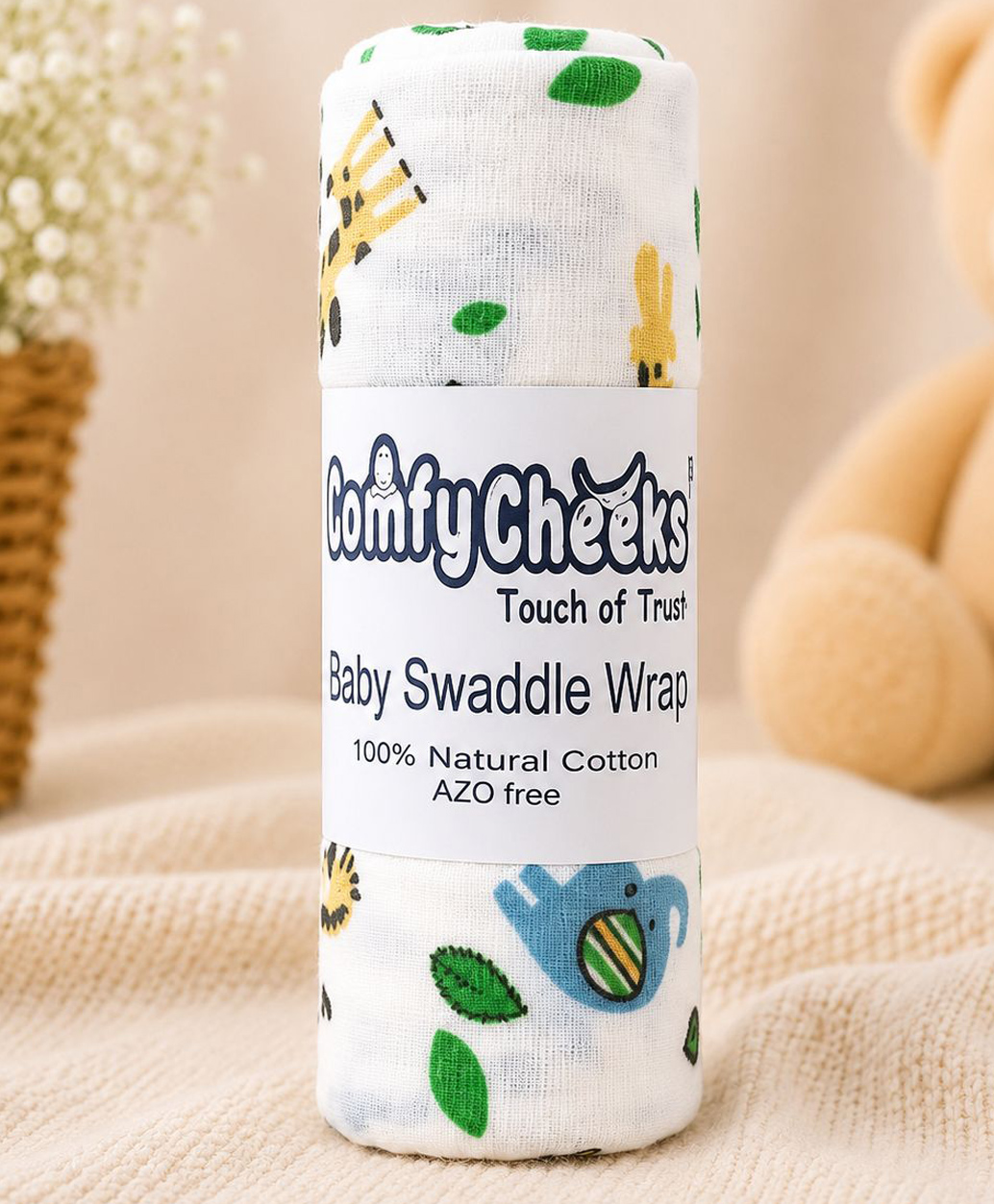 Comfy Cheeks 100% Cotton Muslin Multipurpose Baby Mulmul Swaddle Wrap for| Soft Breathable Printed Baby Blanket & Towel Pack of 1 - White-picture-26