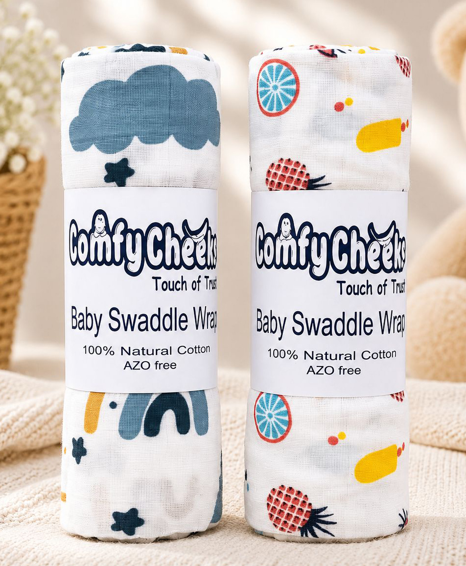 Comfy Cheeks 100% Cotton Muslin Baby Swaddle Set Pack of 2 | Large 105cm x100 cm Mulmul Swaddle Wrap for Newborn to 18 Months | Soft Breathable Printed Baby Blanket & Towel-image-39