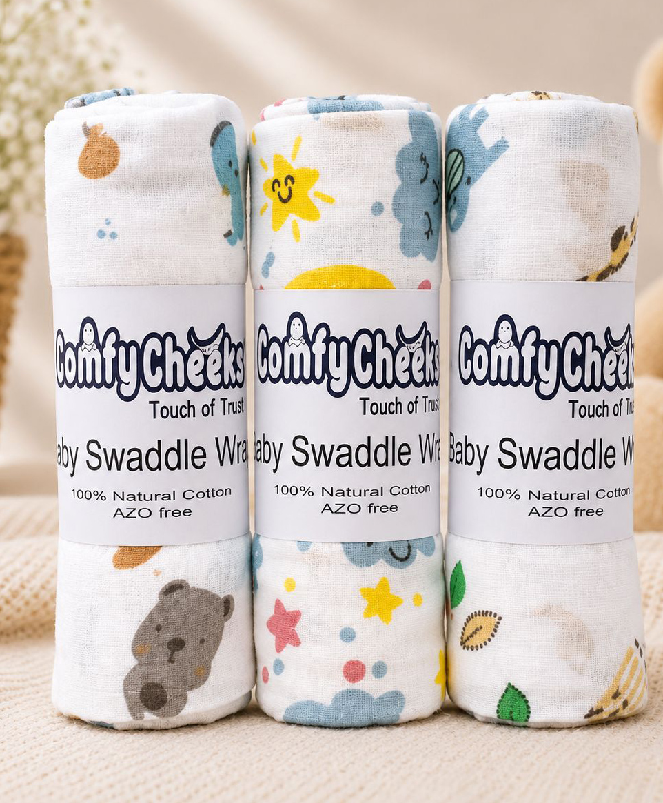 Comfy Cheeks 100% Cotton Muslin Baby Swaddle Set Pack of 3 | Large 105x100 cm Mulmul Swaddle Wrap for Newborn to 18 Months | Soft Breathable Printed Baby Blanket & Towel-image-42
