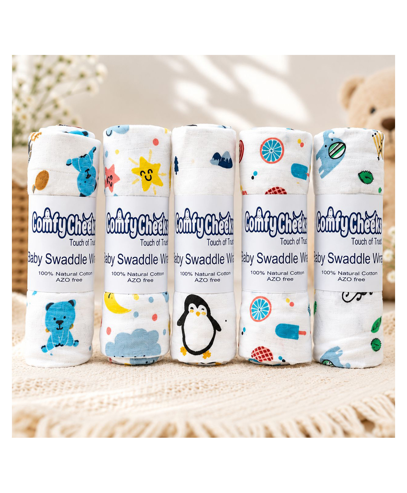 Comfy Cheeks 100% Cotton Muslin Baby Swaddle Set Pack of 5 | Large 105cm x100 cm Mulmul Swaddle Wrap for Newborn to 18 Months | Soft Breathable Printed Baby Blanket & Towel-image-45