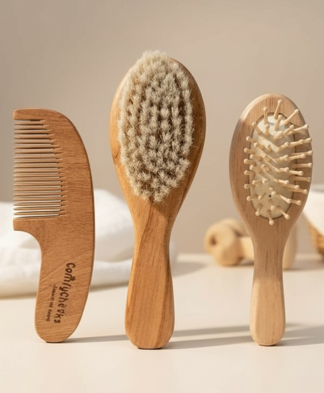 Comfy Cheeks 3 Piece Baby Hair Brush & Comb Set, Wooden Baby Hair Comb Set for Newborn Babies, Natural Fiber Hair Brush for Toddlers with Soft Bristles-image-45