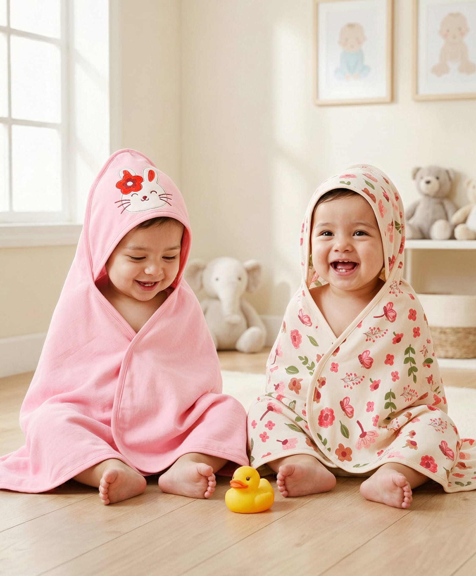 Babyoye 100% Cotton Knit with Eco Jiva Finish Hooded Towels with Tropical Theme Print Pack of 2 L 80 x B 80 cm - Cream & Pink-image-10