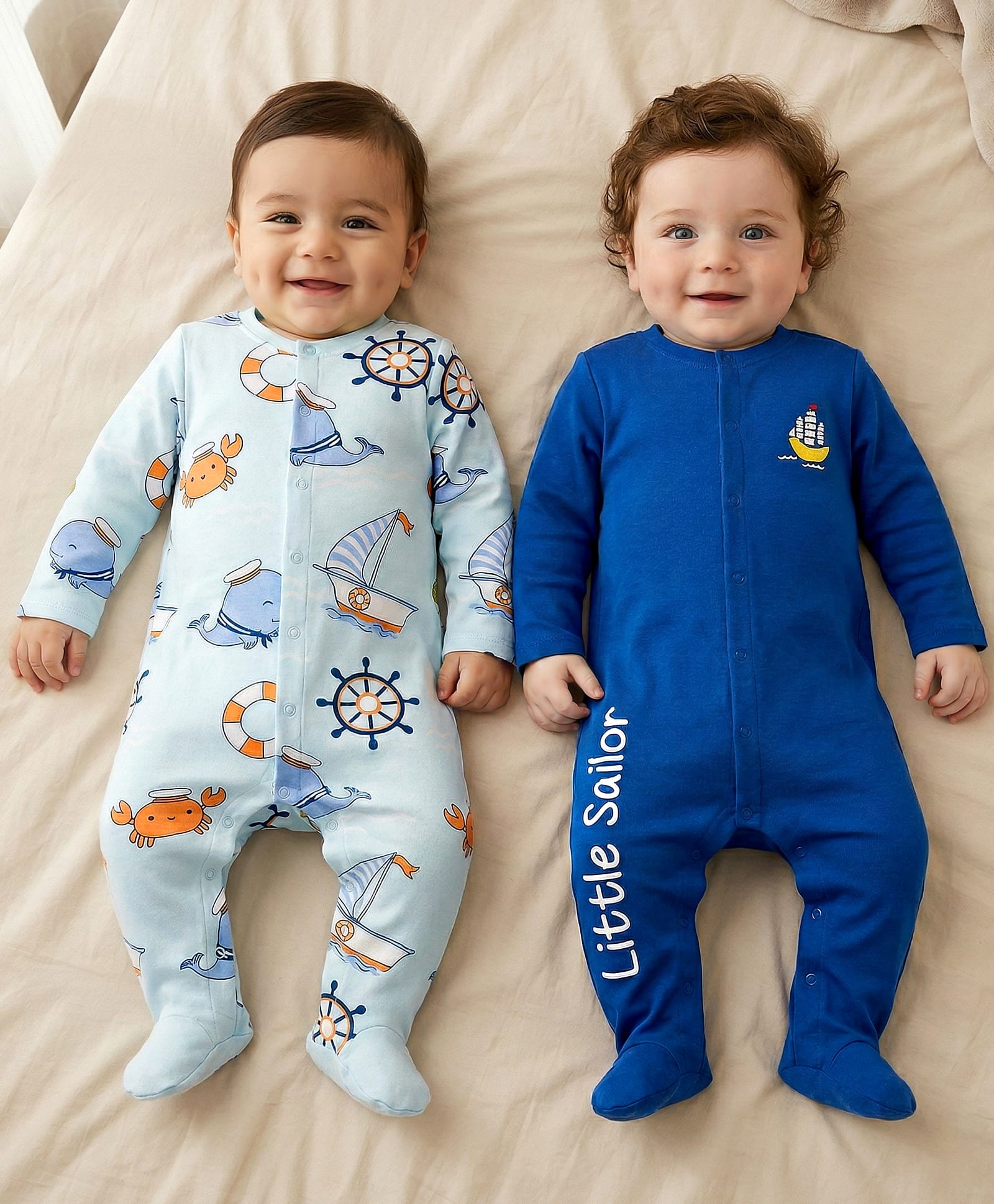 Babyoye 100% Cotton Knit Full Sleeves Nautical Theme Printed Footed Sleepsuits Pack of 2 - Blue-image-19