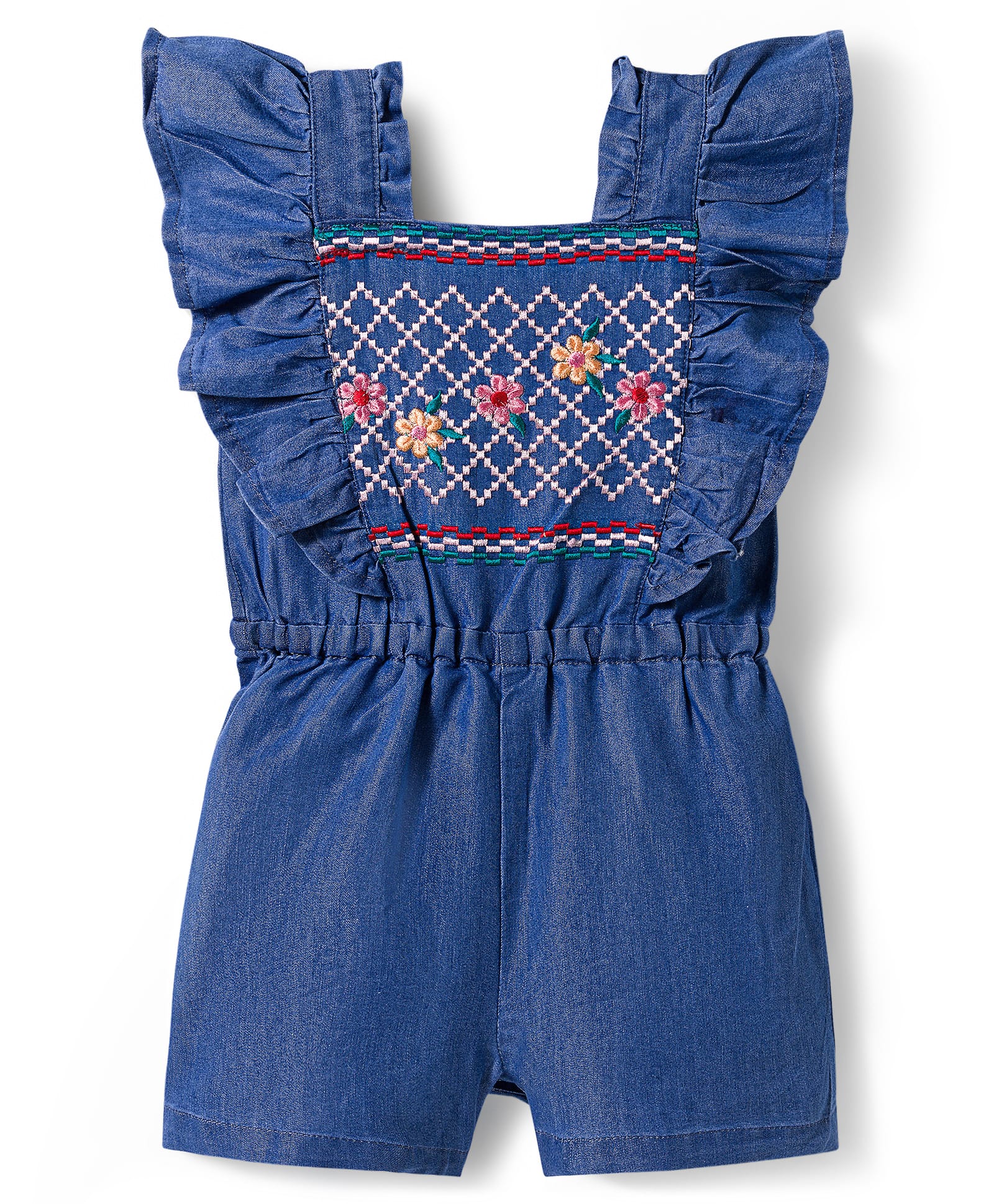 Babyoye Denim Woven Frill Sleeves Washed Jumpsuit with Floral Embroidery - Blue-picture-14