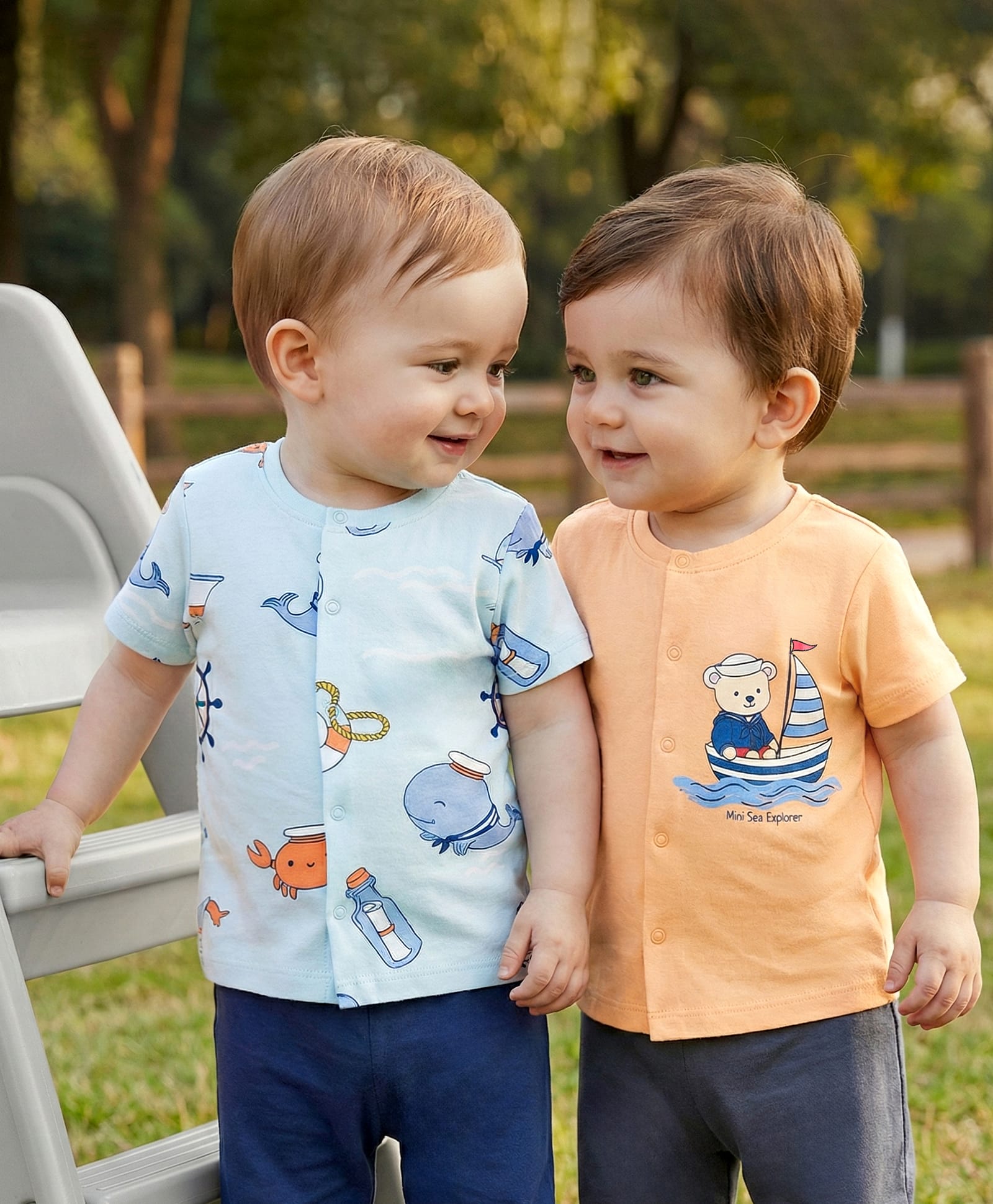 Babyoye 100% Cotton Knit Half Sleeves Nautical Theme Printed Jhablas Pack Of 2 - Light Blue & Orange-image-16