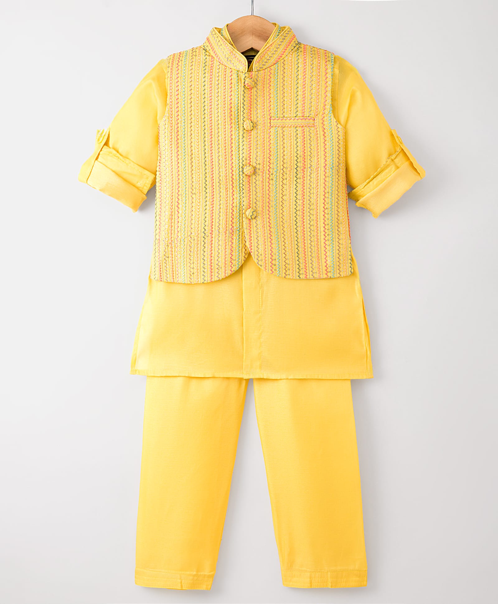 Little Bull Full Sleeves Solid Kurta Pyjama With Sequins Embellished Thread Work Detailed Jacket - Yellow-picture-16