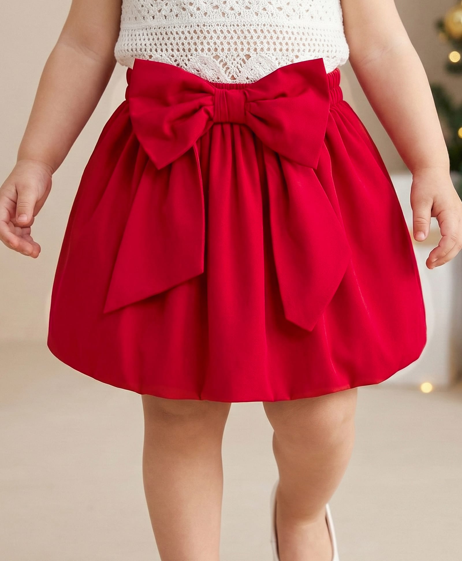 Babyoye Cotton Satin Woven Solid Color Skirt with Bow Applique - Red-picture-26