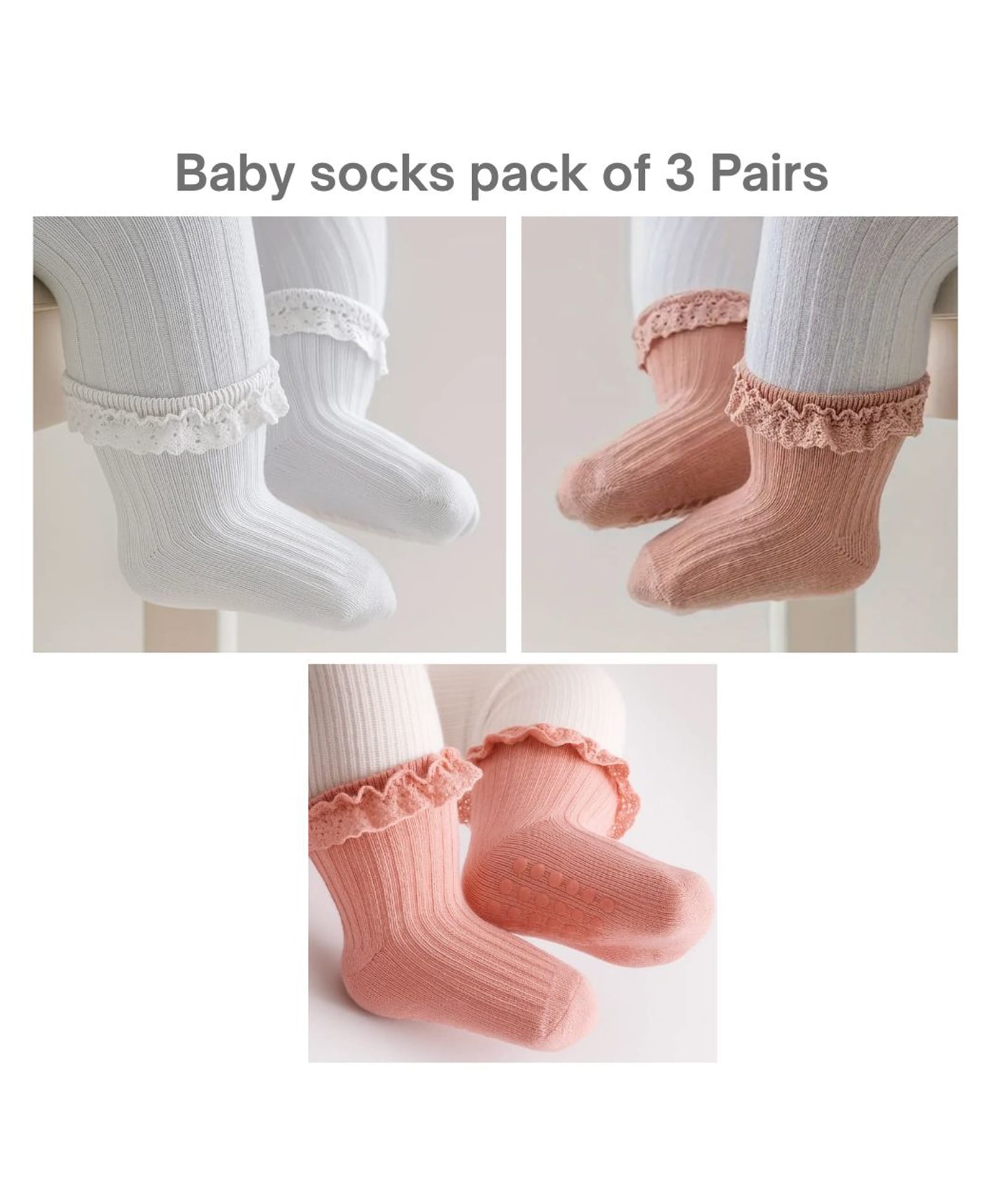 Neska Moda Pack Of 3 Frill Detailed Socks - White Peach & Pink-image-32