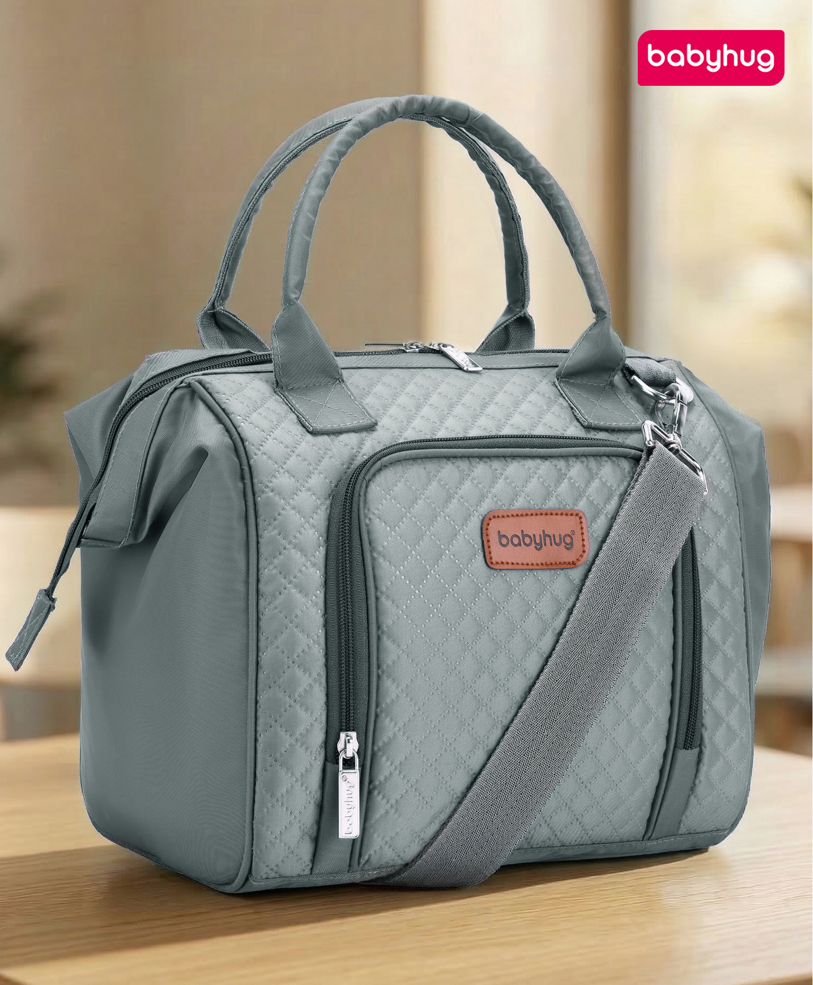Babyhug 2-in-1 Quilted Sling cum Tote Diaper Bag for Travel | Spacious, Stylish & Multifunctional| Adjustable Shoulder Strap| Bottle Pouches| Water Resistant| Carry Handle- Grey