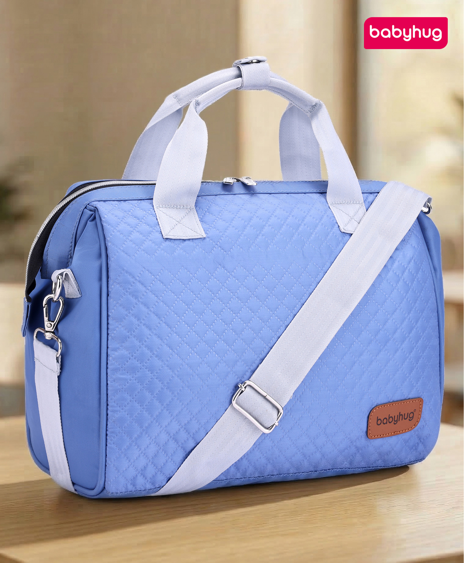 Babyhug 2-in-1 Quilted Sling cum Tote Diaper Bag for Travel | Spacious, Stylish & Multifunctional | Adjustable Shoulder Strap| 3 Insulated Bottle Pouches| Water Resistant| Carry Handle- Blue-image-37