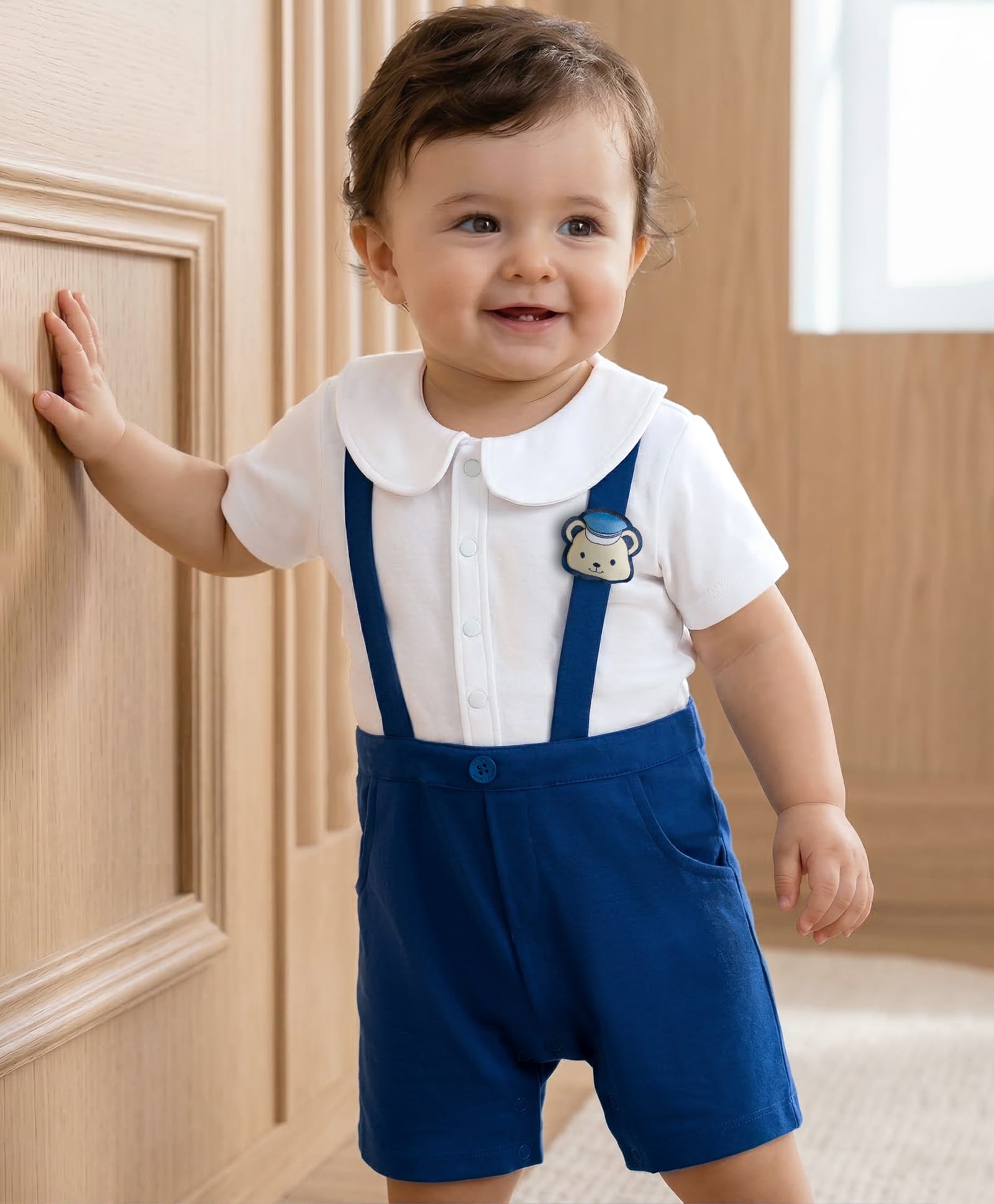 Babyoye 100% Cotton Knit Half Sleeves Rompers With Bear Applique - White & Navy Blue-picture-1