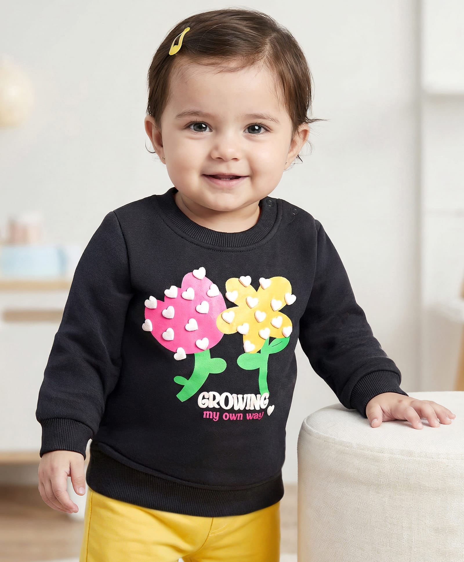 Doodle Poodle 100% Cotton Light Weight Knit Full Sleeves Sweatshirt With Floral Print & Heart Applique - Black-image-39