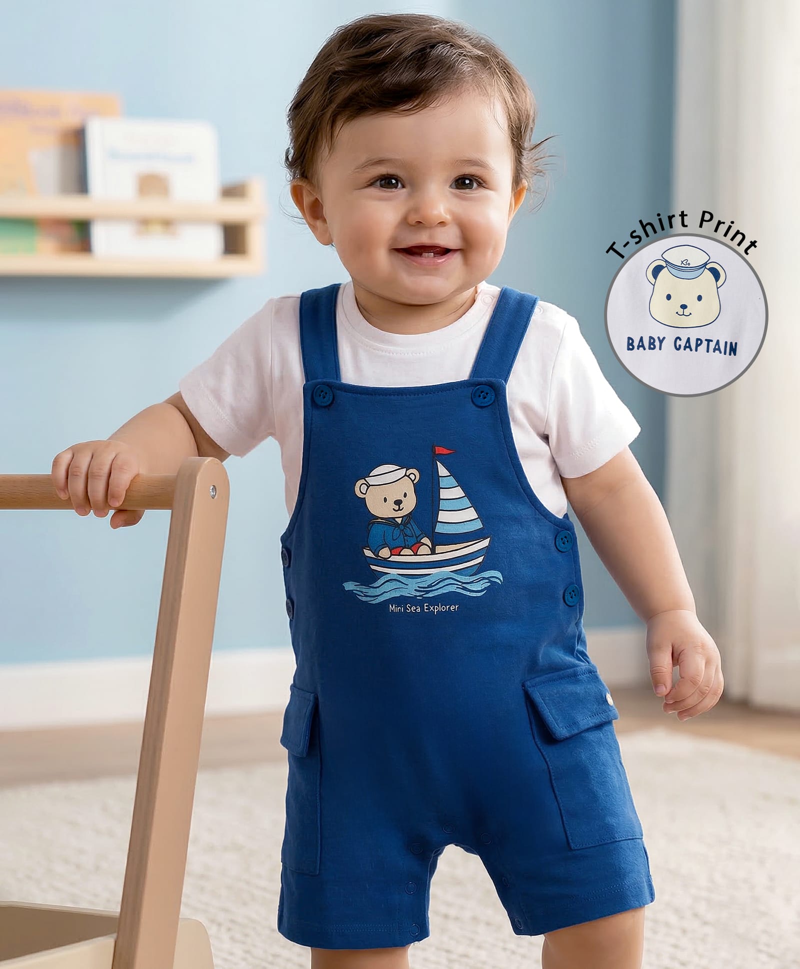 Babyoye 100% Cotton Knit Half Sleeves Nautical Theme Printed Dungaree With Inner Tee - Navy Blue-image-12