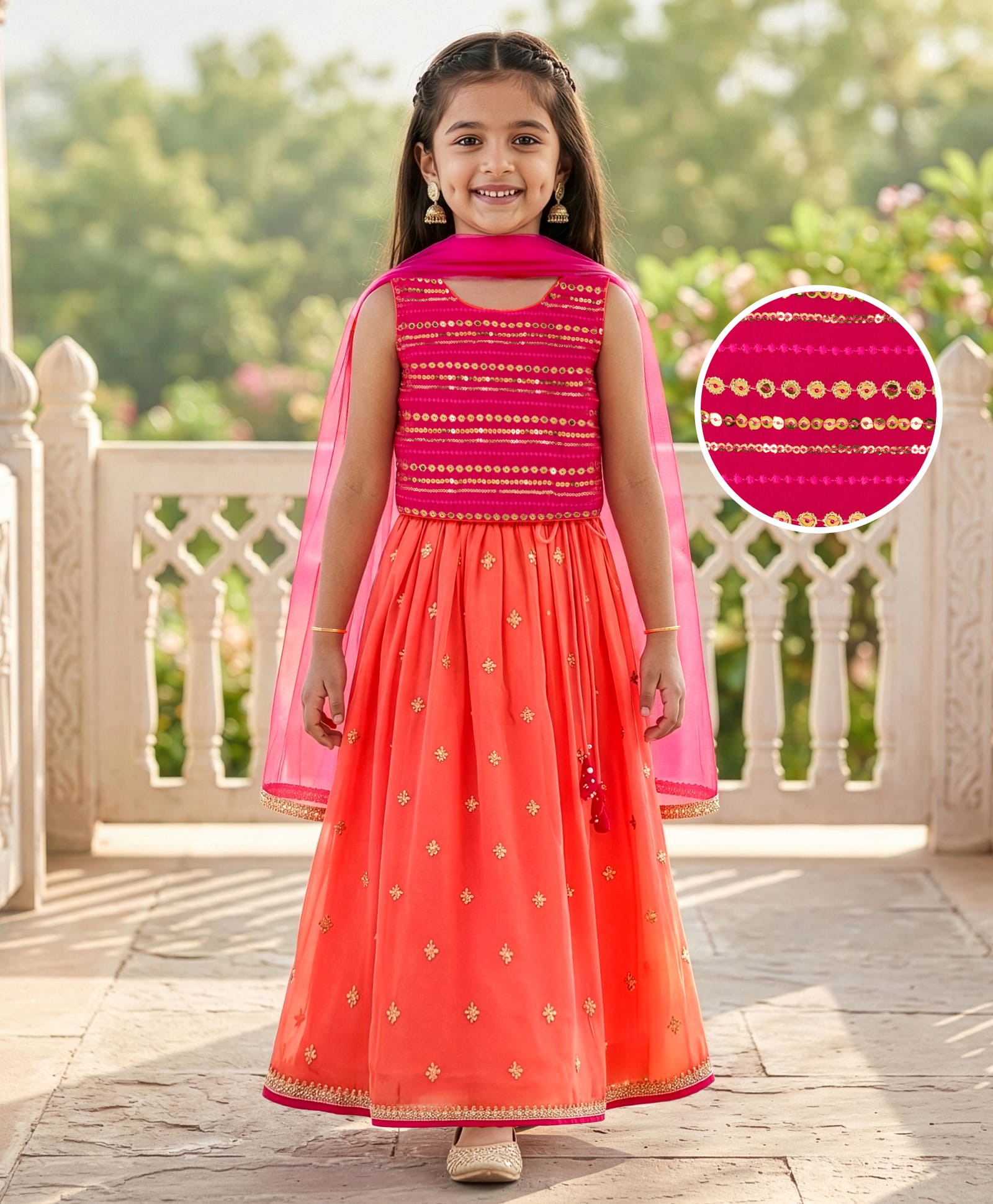 EARTHY TOUCH Georgette Woven Sleeveless Floral Sequinned Lehenga Choli Set With Dupatta - Dark Pink-image-44