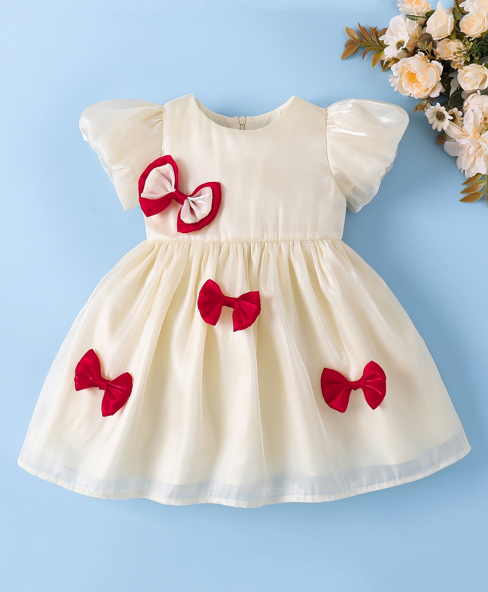 Mark & Mia Half Sleeves Party Dress With Bow Applique - Beige-image-39