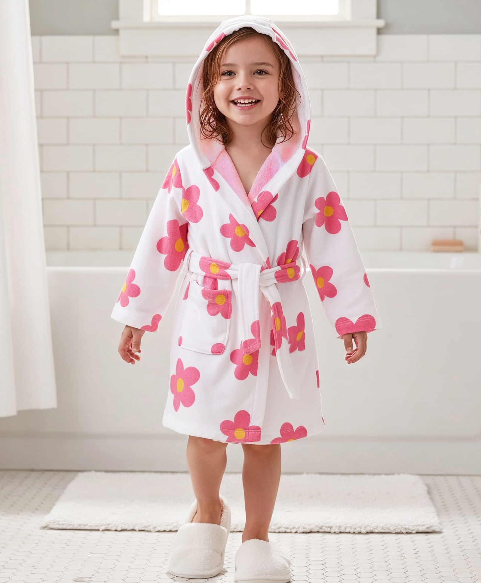 Babyhug Terry Knit Bathrobe with Hoodie & Floral Print - White