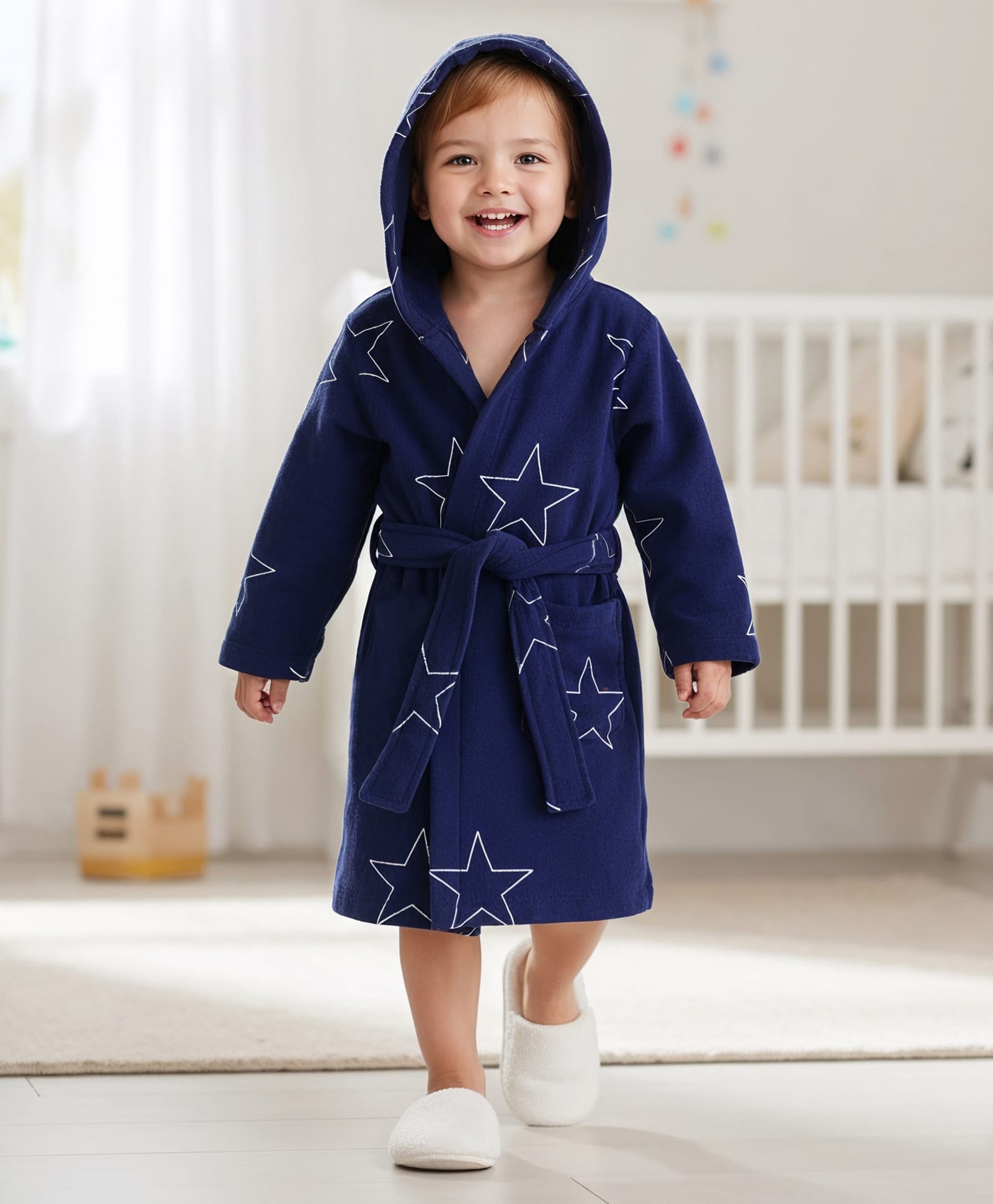 Babyhug Terry Knit Full Sleeves Hooded Bathrobe with Star Print - Navy Blue