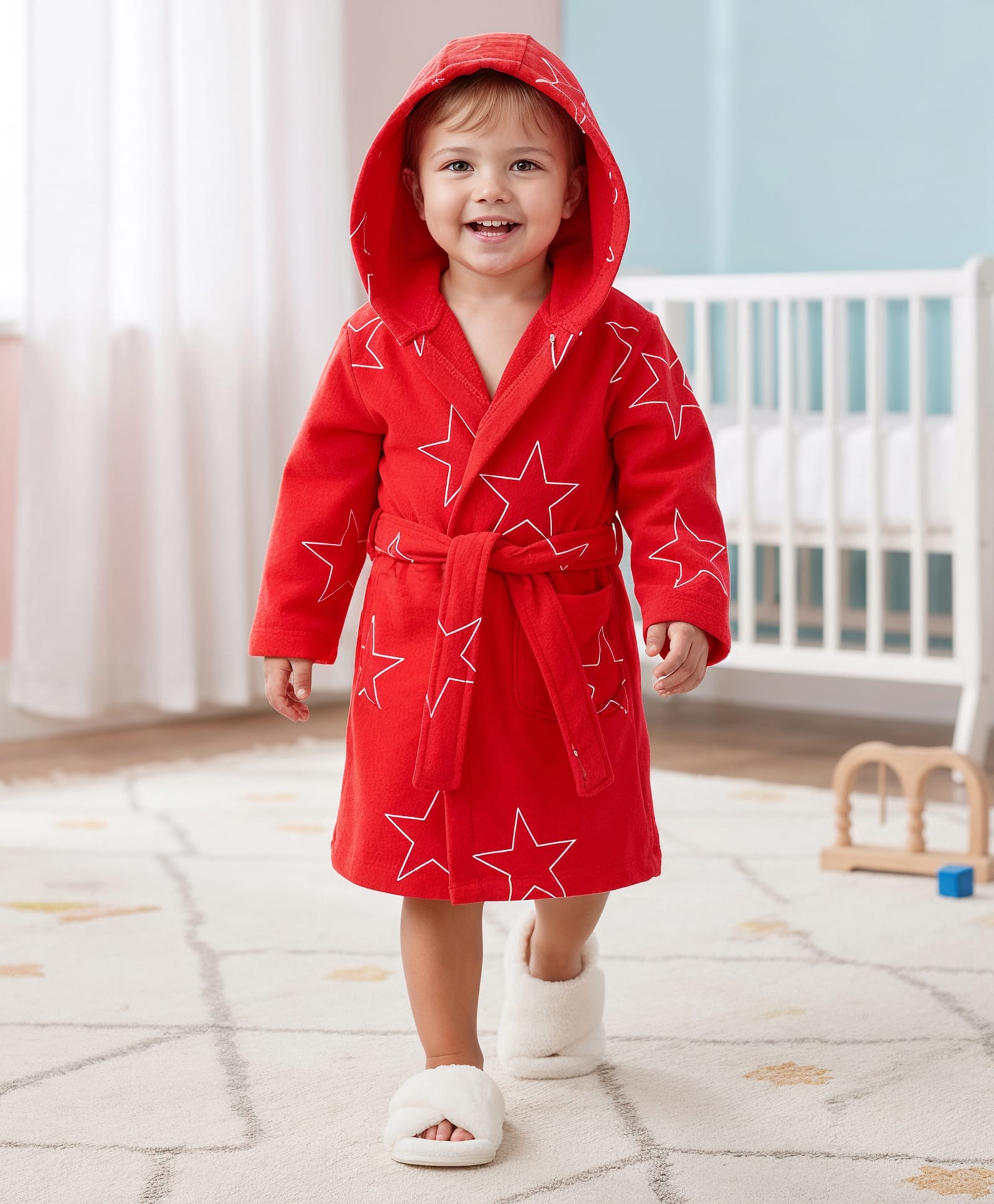 Babyhug Terry Knit Full Sleeves Hooded Bathrobe with Star Print - Red