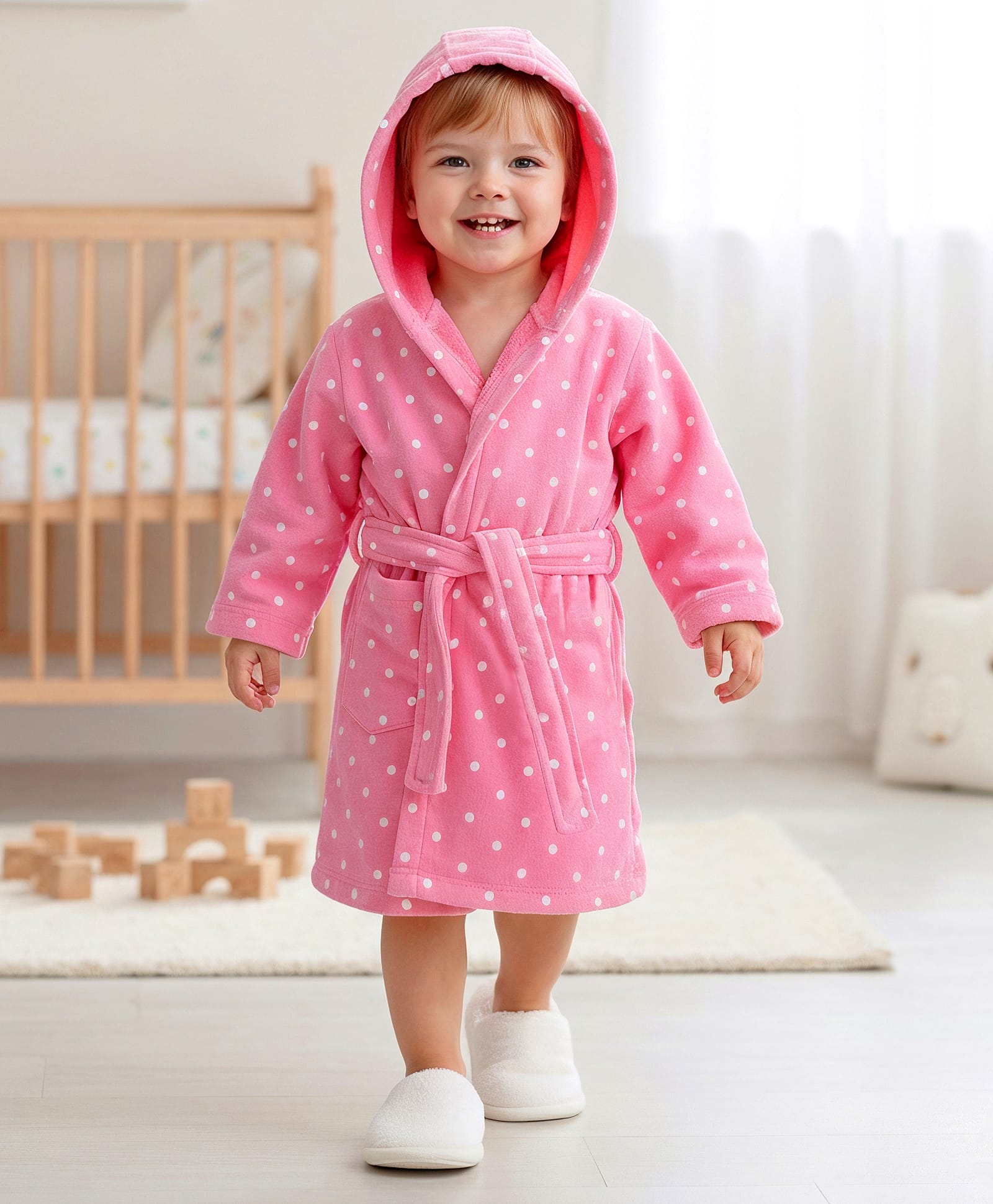 Babyhug Terry Knit Full Sleeves Hooded Bathrobe with Polka Dot Print - Pink