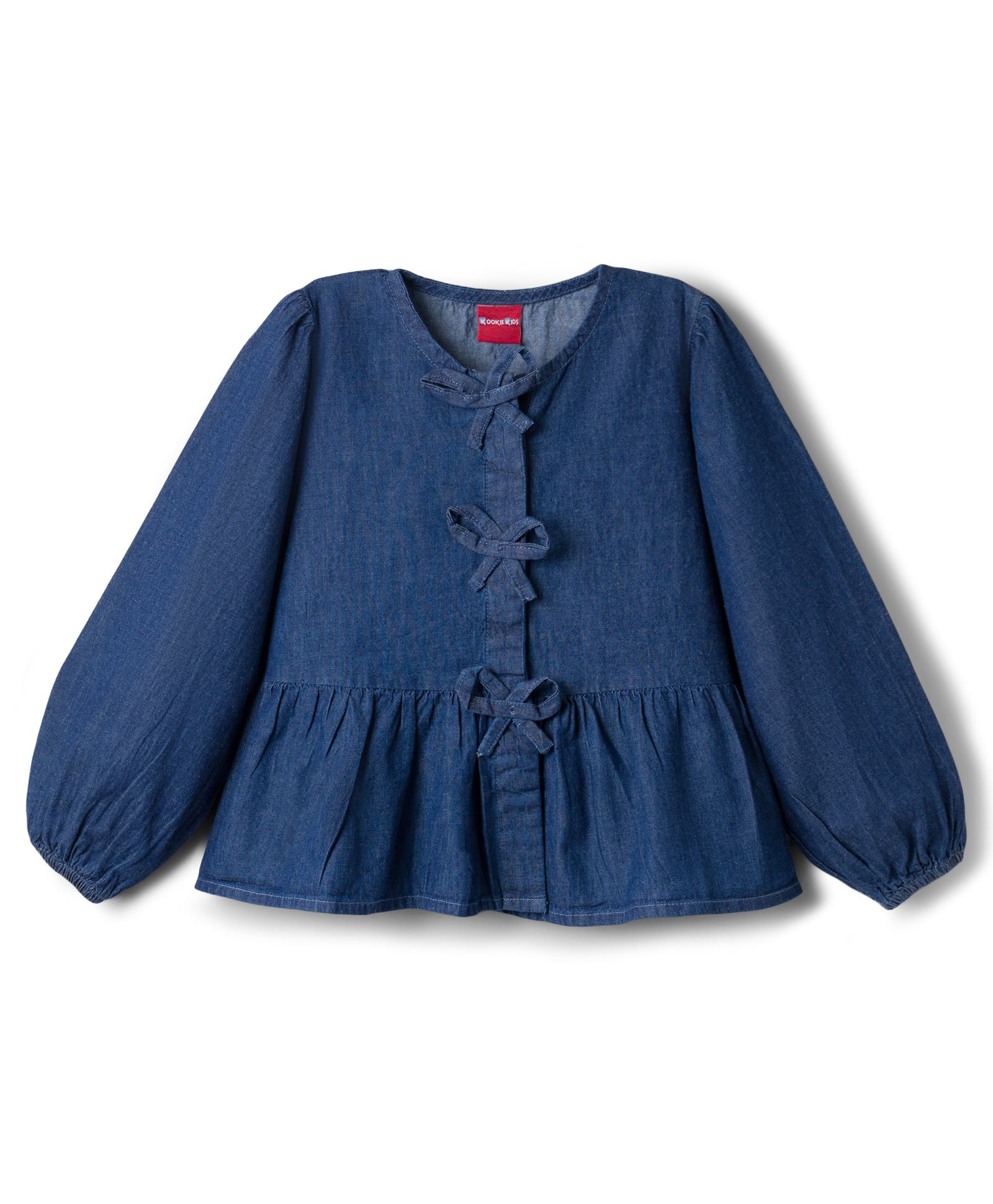 Kookie Kids India 100% Cotton Denim Woven Full Sleeves Top With Bow Applique - Navy Blue-image-26