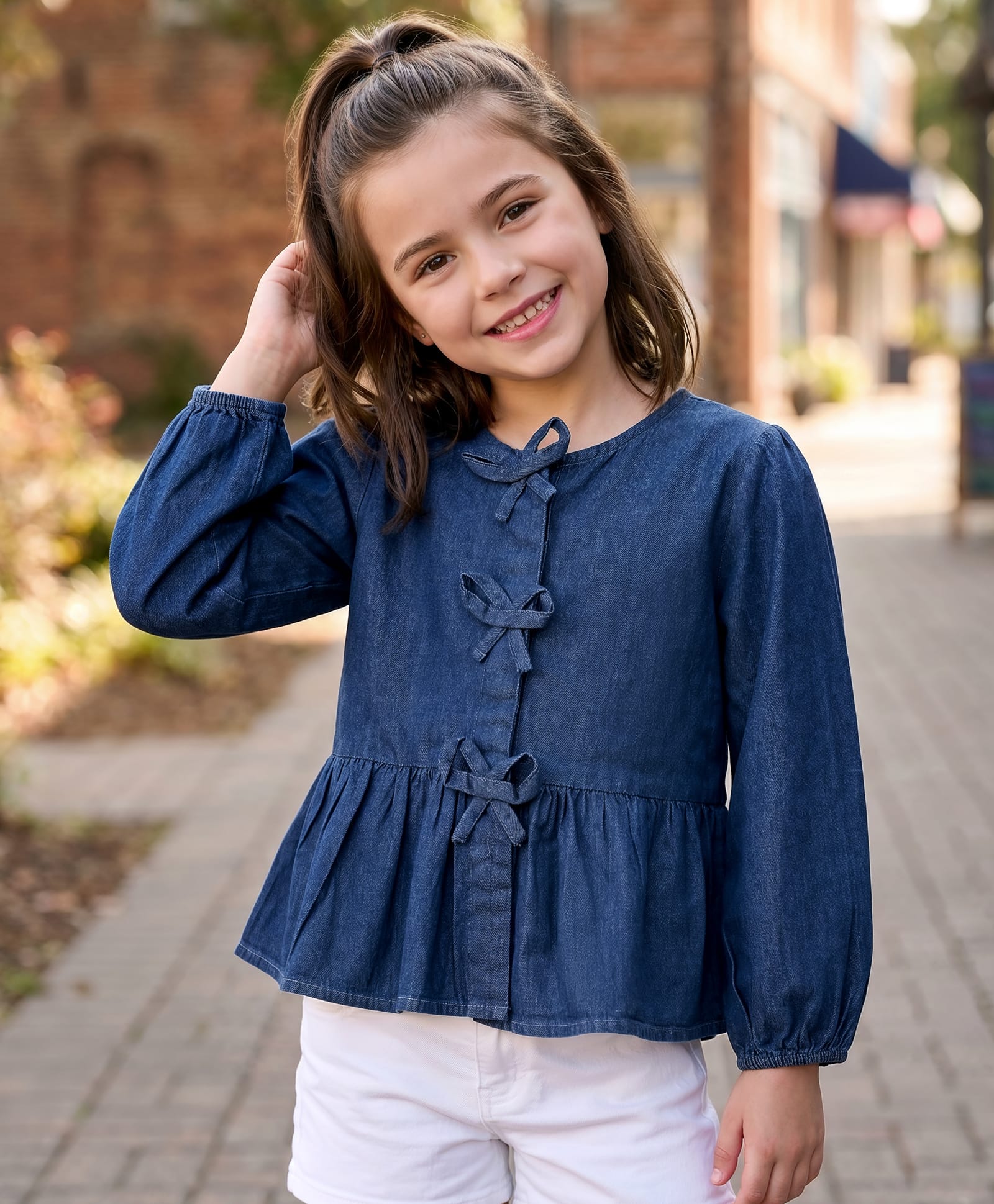 Kookie Kids India 100% Cotton Denim Woven Full Sleeves Top With Bow Applique - Navy Blue-image-46