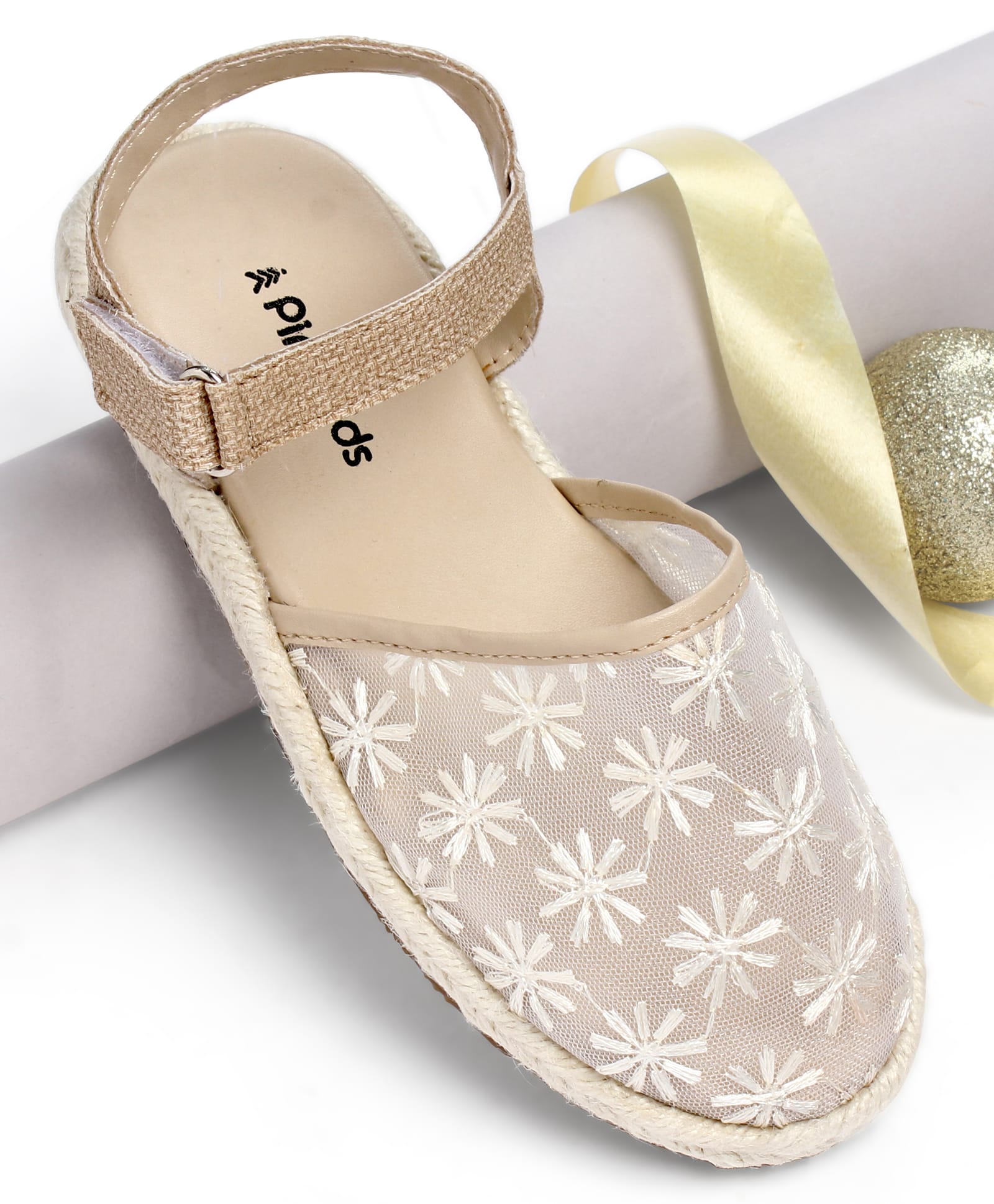 Pine Kids Velcro Closure Floral Embroidered Mojaris - Beige-picture-27