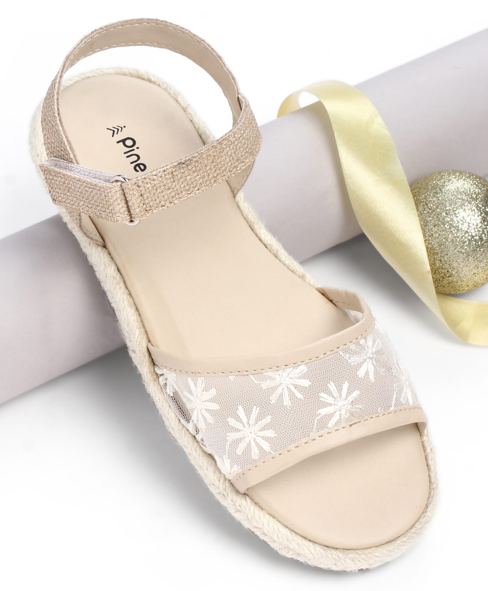 Pine Kids Velcro Closure Floral Embroidered Mojaris - Beige-picture-8