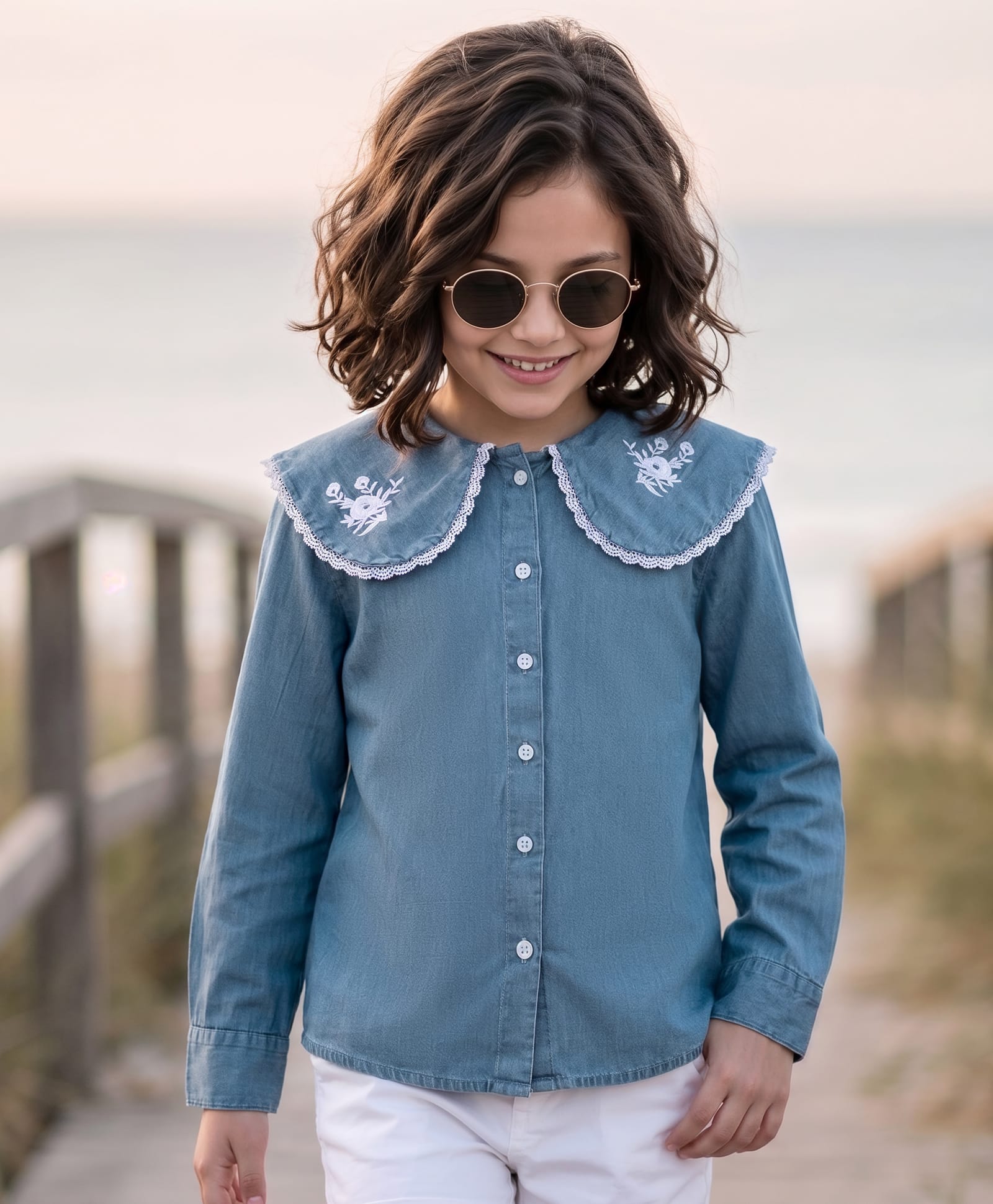 Kookie Kids Woven Full Sleeves Denim Top With Floral Embroidery - Blue-image-25