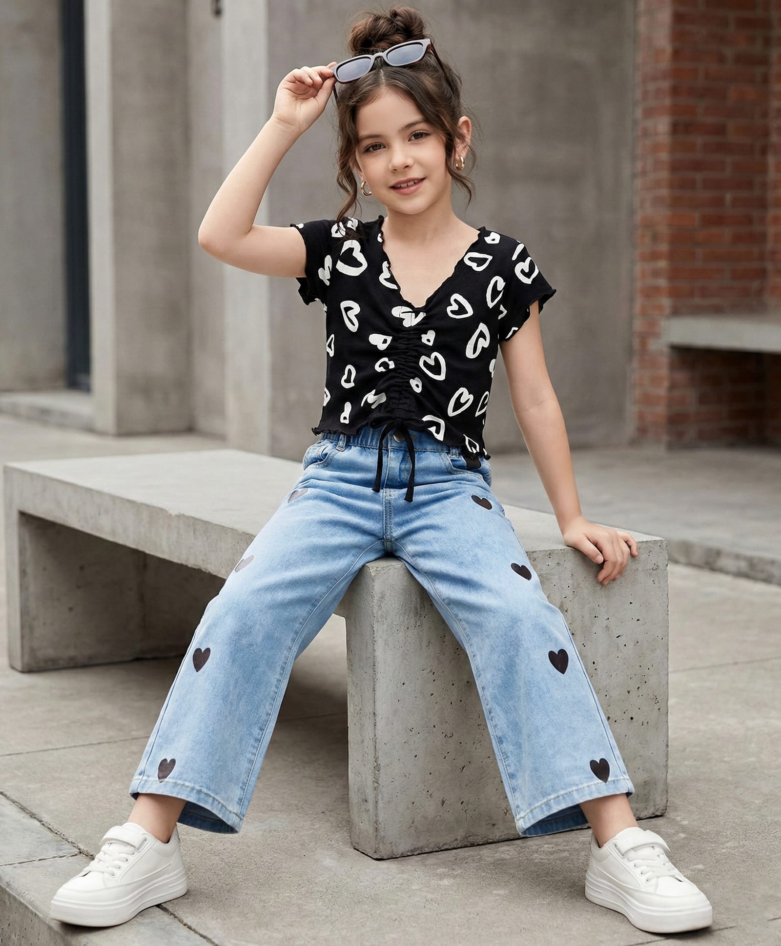OLLINGTON ST. Cotton Knit Half Sleeves Top & Denim Pants Set with Heart Print - Black & Indigo