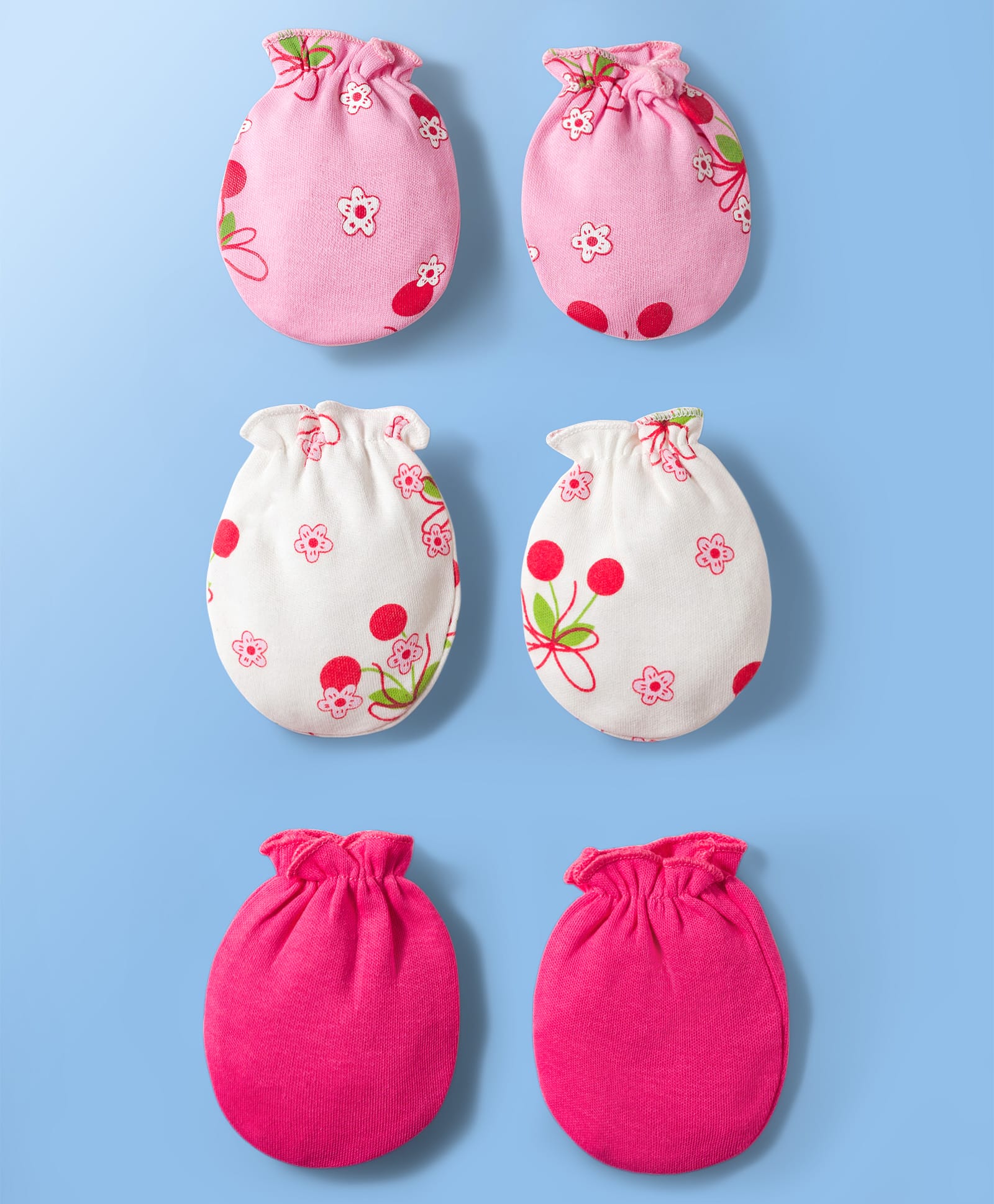 Doodle Poodle 100% Cotton Interlock Knit Floral Printed Mittens Pair Of 3 -White Dark & Baby Pink-image-33