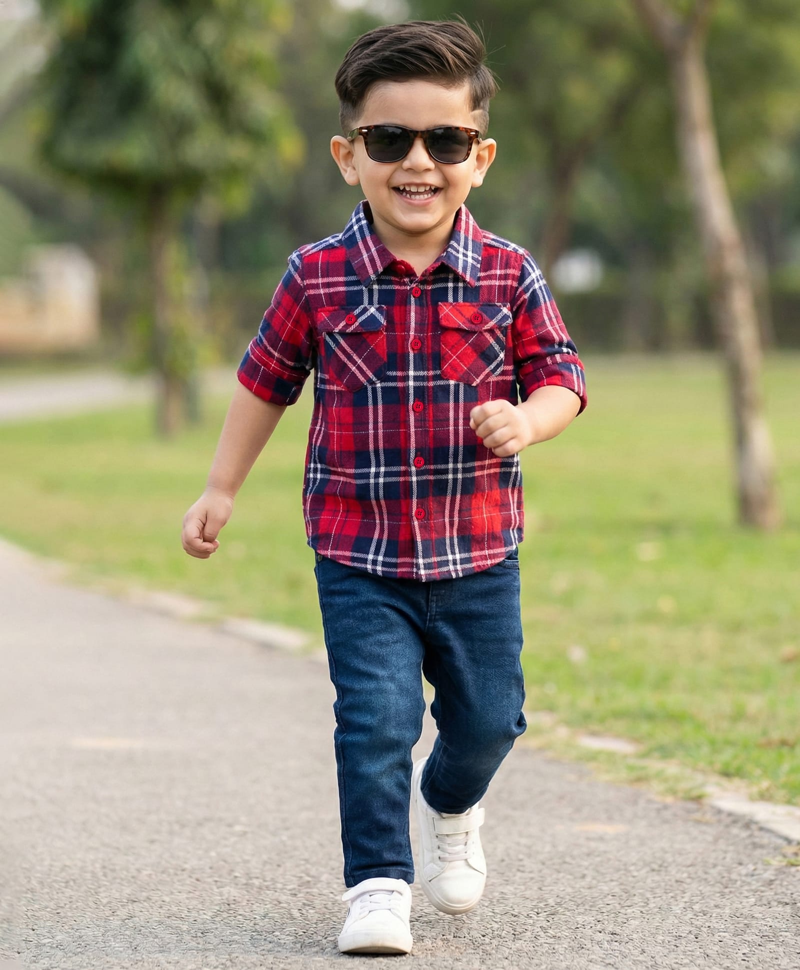 Babyhug Cotton Woven Full Sleeves Checkered Shirt & Denim Jeans - Red & Blue-image-48