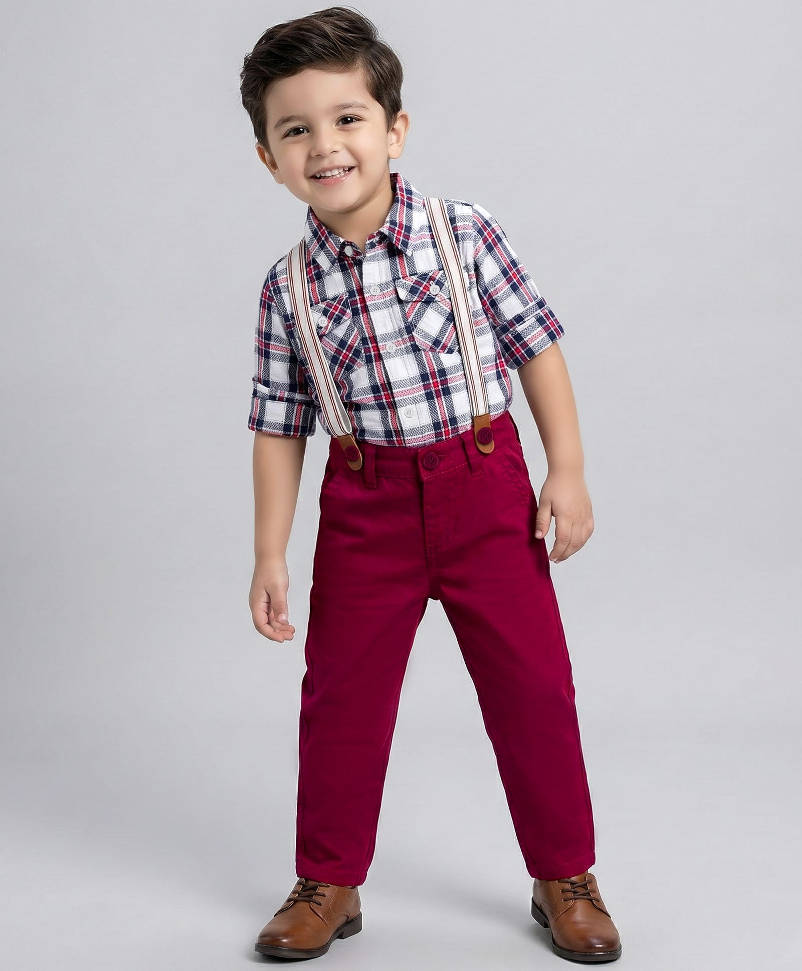 Babyhug Cotton Woven Full Sleeves Checkered Shirt & Trouser Set with Suspender - Maroon-image-27