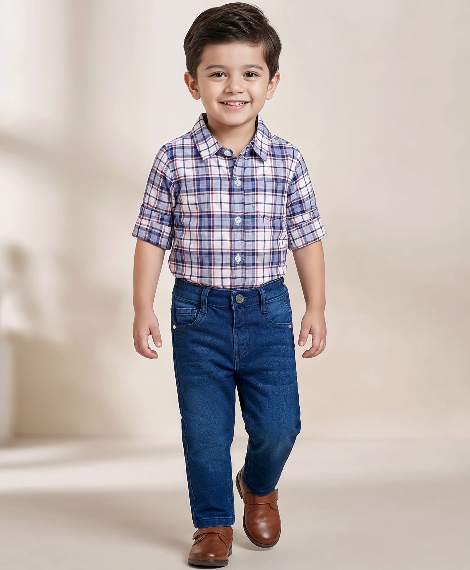Babyhug Cotton Woven Full Sleeves Checkered Shirt & Denim Jeans Set - Blue