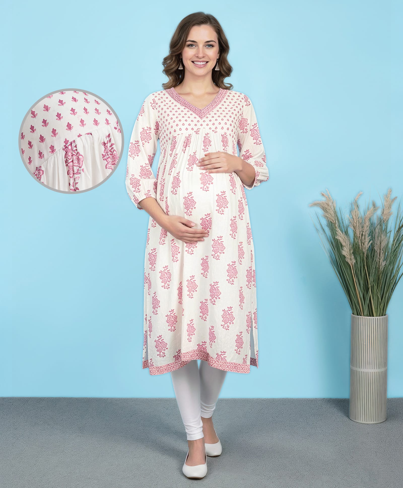 Bella Mama Woven Three Fourth Sleeves Maternity Kurta With Floral Print - White-picture-48